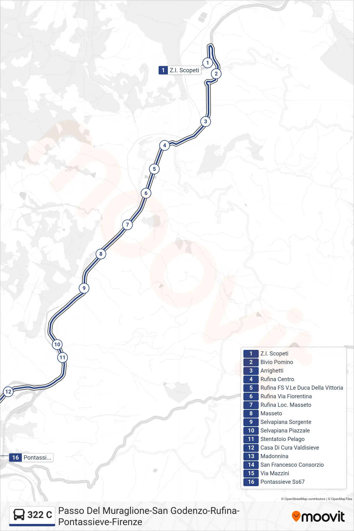 Linea 322 C  bus (Pontassieve Ss67) - Percorsi e fermate sulla mappa