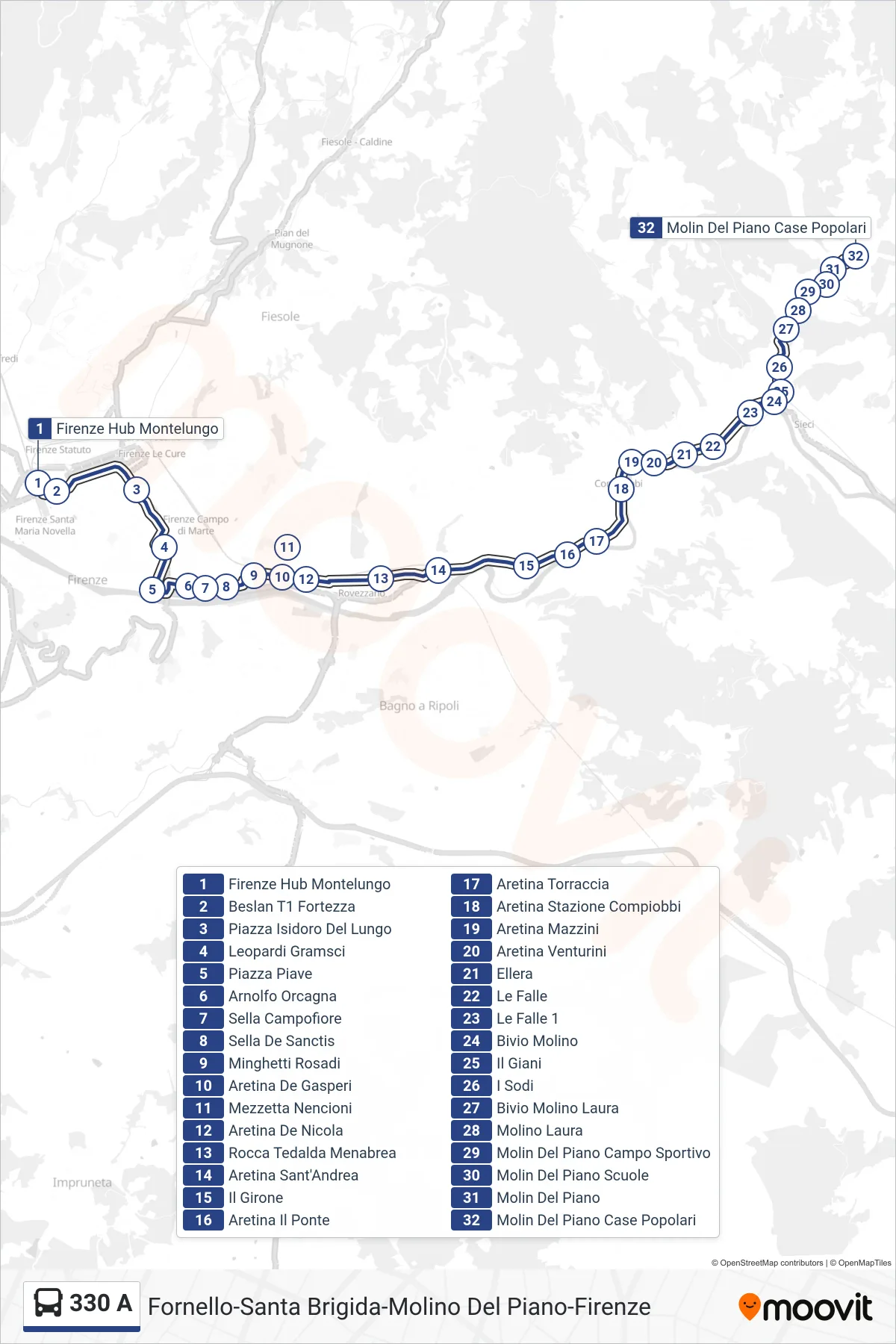 Linea 330 A bus (Molin Del Piano Case Popolari) - Percorsi e fermate sulla mappa