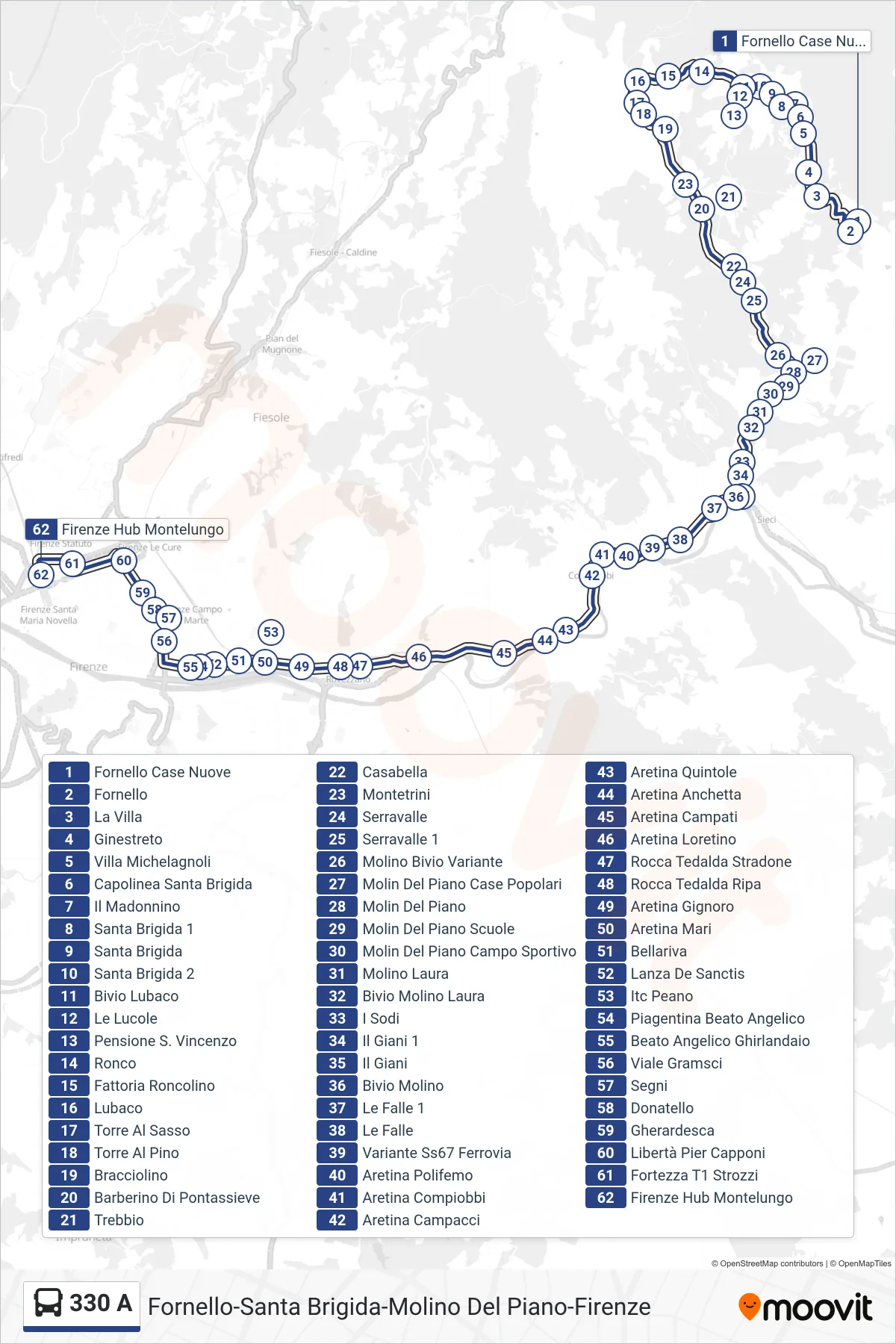 Linea 330 A  bus (Firenze Hub Montelungo) - Percorsi e fermate sulla mappa