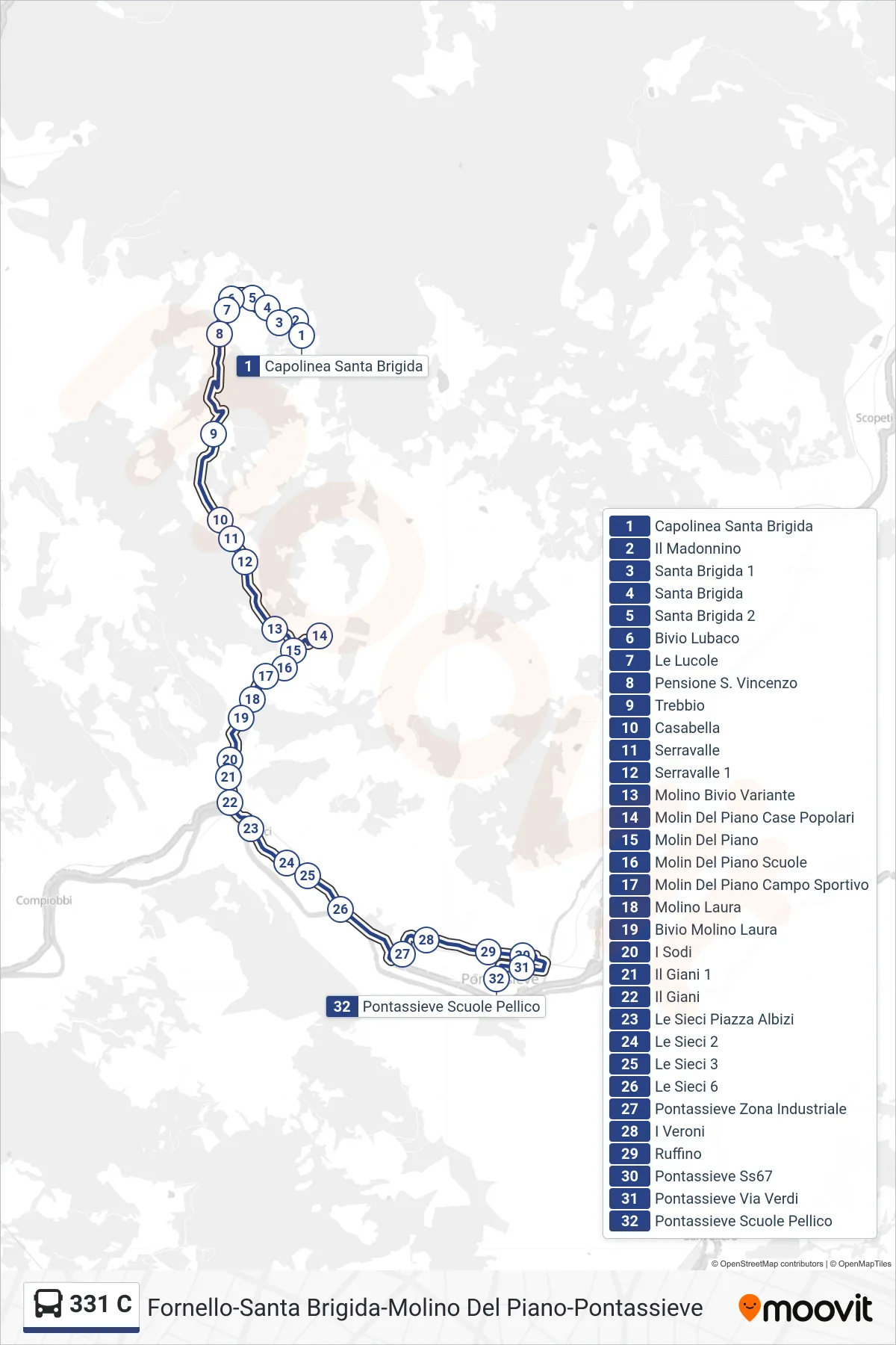 Linea 331 C bus (Pontassieve Scuole Pellico) - Percorsi e fermate sulla mappa