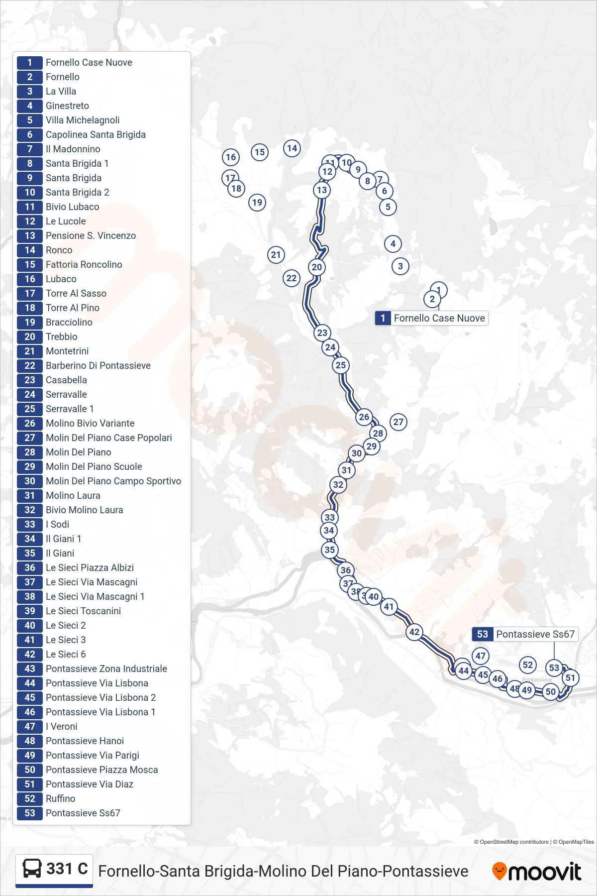Linea 331 C  bus (Pontassieve Ss67) - Percorsi e fermate sulla mappa