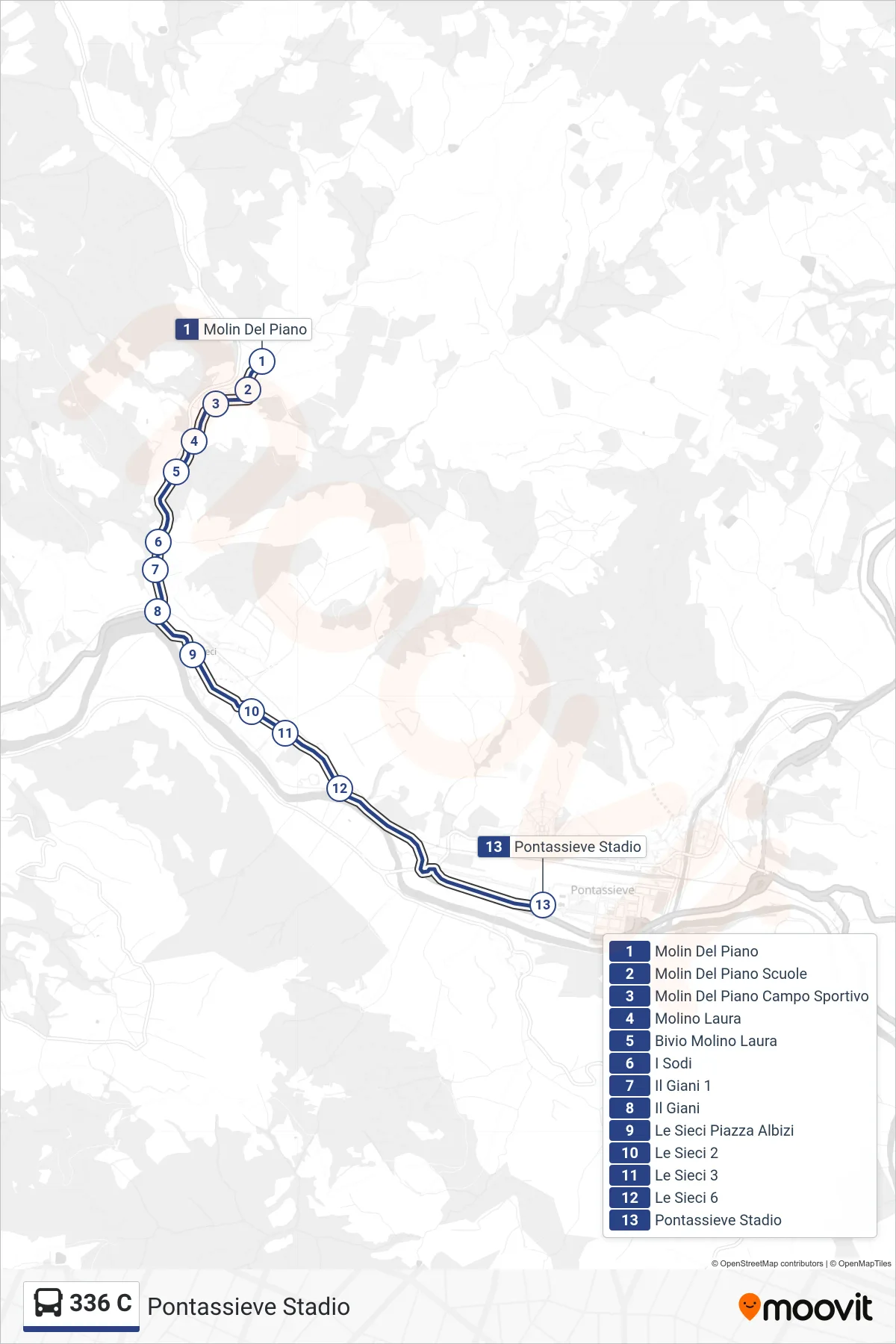 Linea 336 C  bus (Pontassieve Stadio) - Percorsi e fermate sulla mappa
