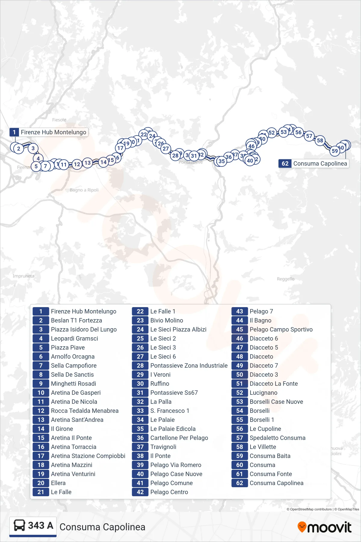 Linea 343 A bus (Consuma Capolinea) - Percorsi e fermate sulla mappa