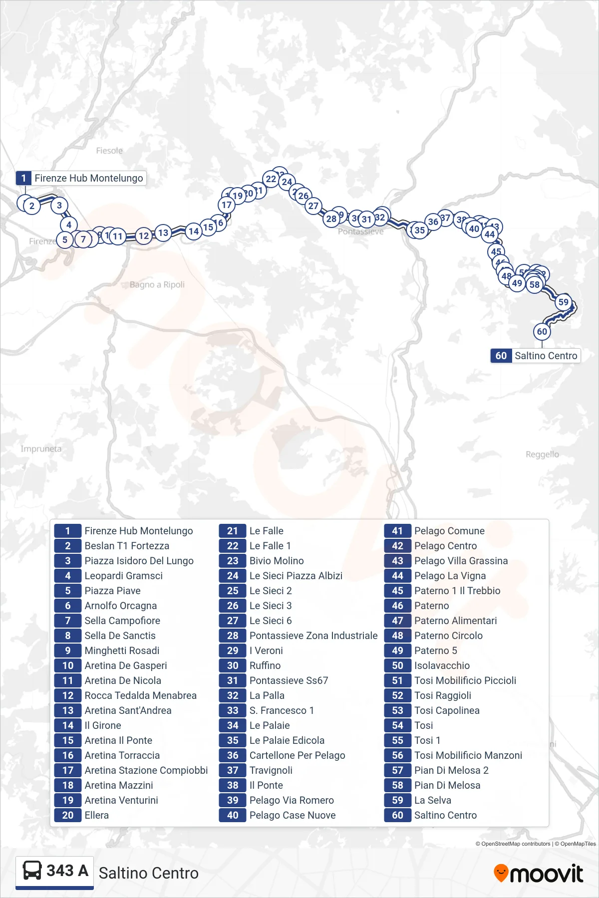 Linea 343 A bus (Saltino Centro) - Percorsi e fermate sulla mappa