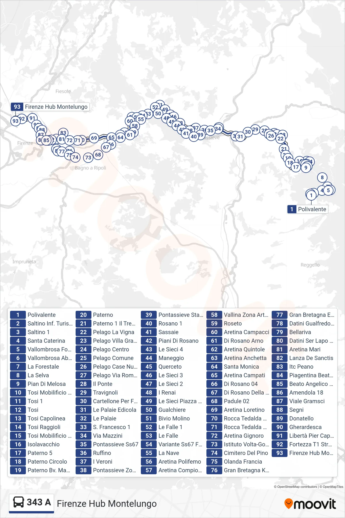 Linea 343 A  bus (Firenze Hub Montelungo) - Percorsi e fermate sulla mappa
