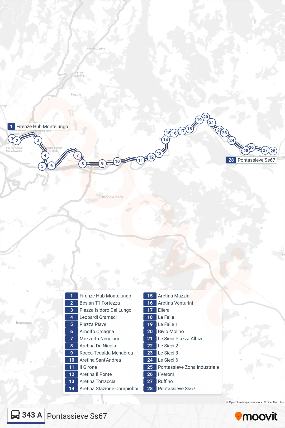 Linea 343 A bus (Pontassieve Ss67) - Percorsi e fermate sulla mappa