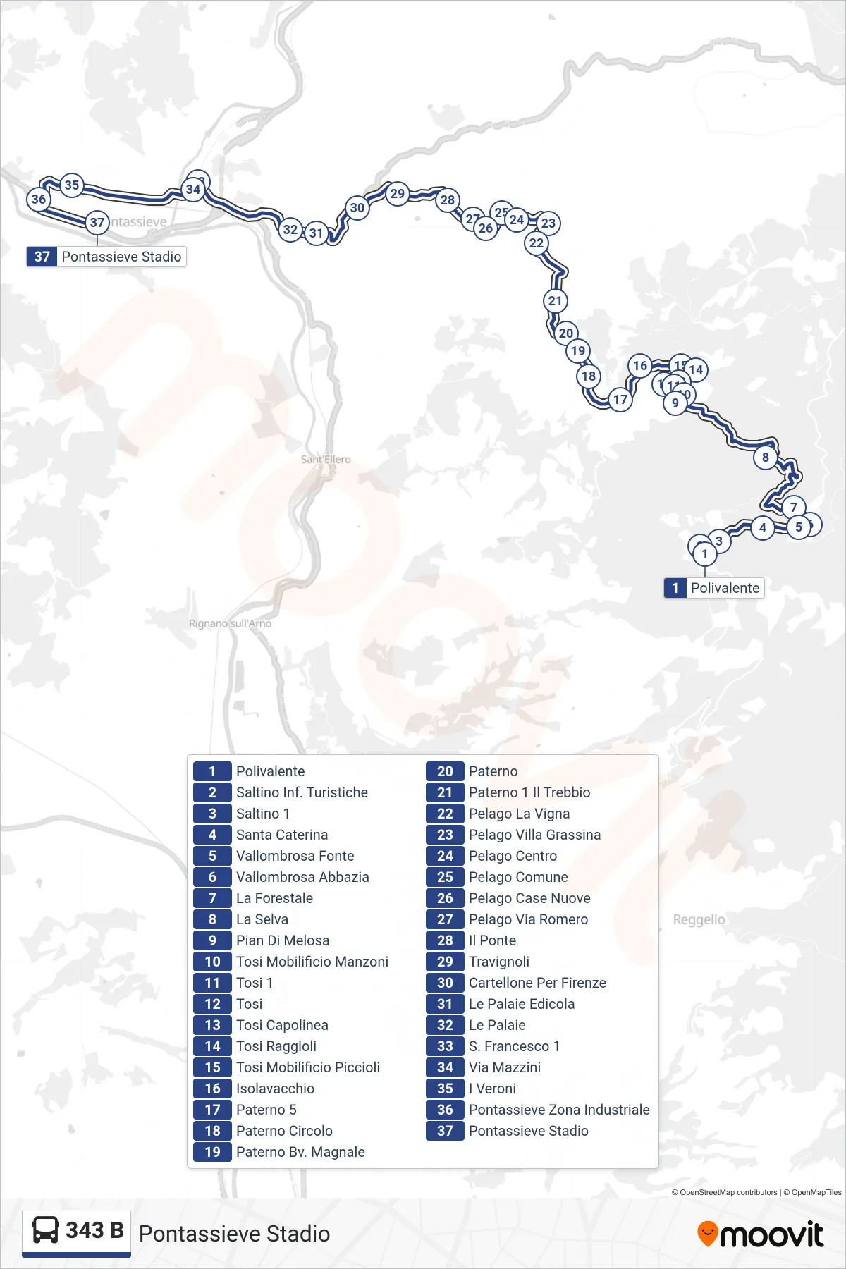 Linea 343 B bus (Pontassieve Stadio) - Percorsi e fermate sulla mappa