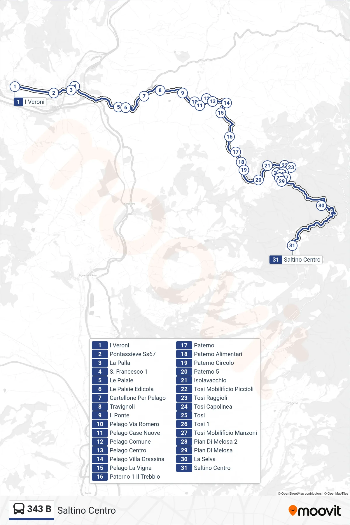 Linea 343 B bus (Saltino Centro) - Percorsi e fermate sulla mappa