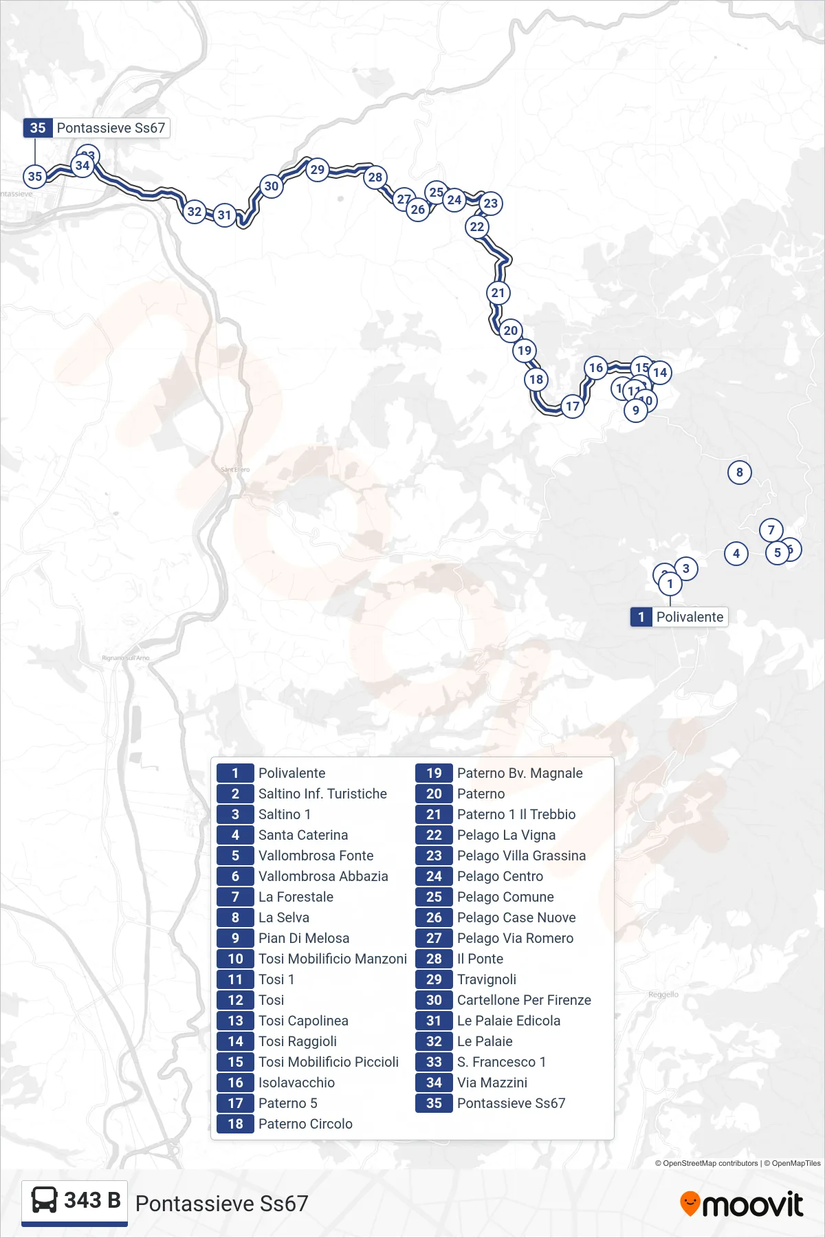 Linea 343 B  bus (Pontassieve Ss67) - Percorsi e fermate sulla mappa