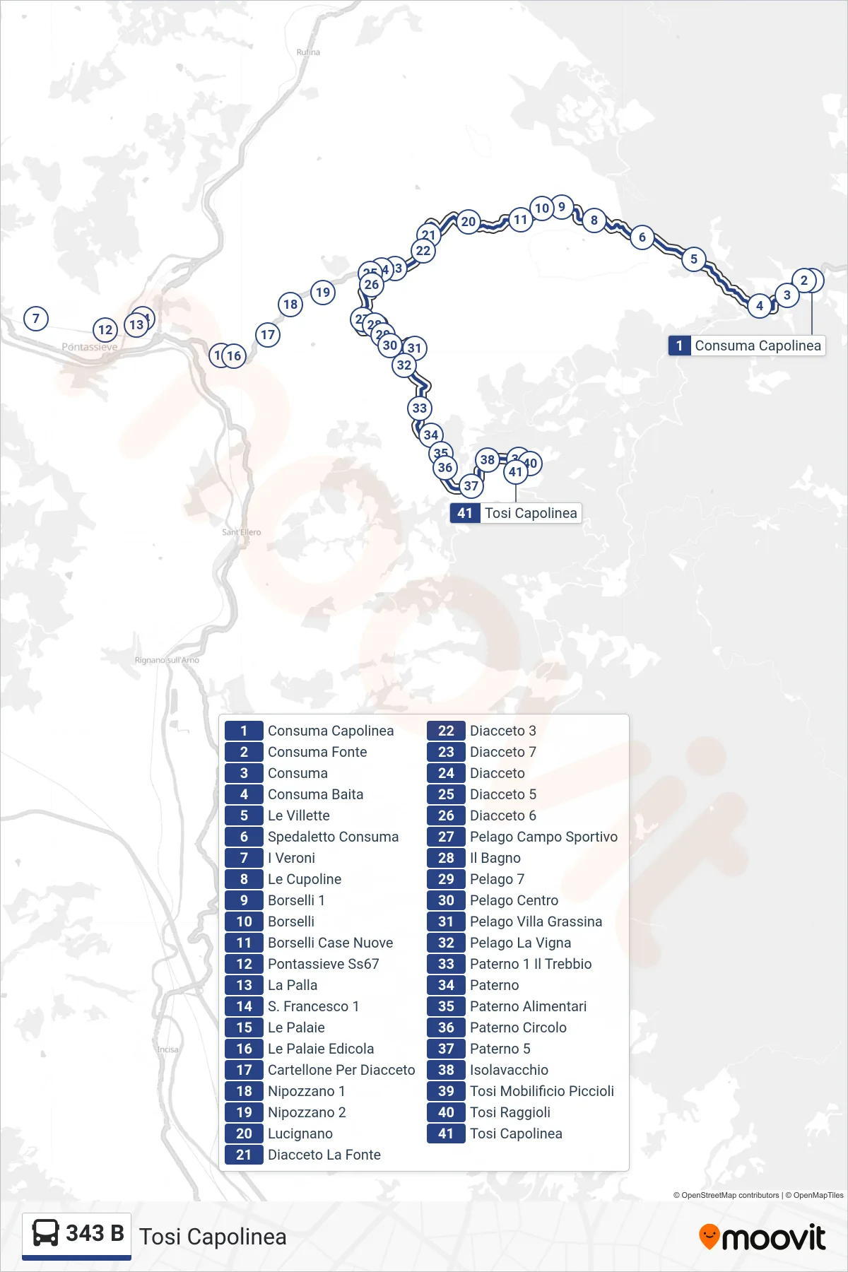 Linea 343 B  bus (Tosi Capolinea) - Percorsi e fermate sulla mappa