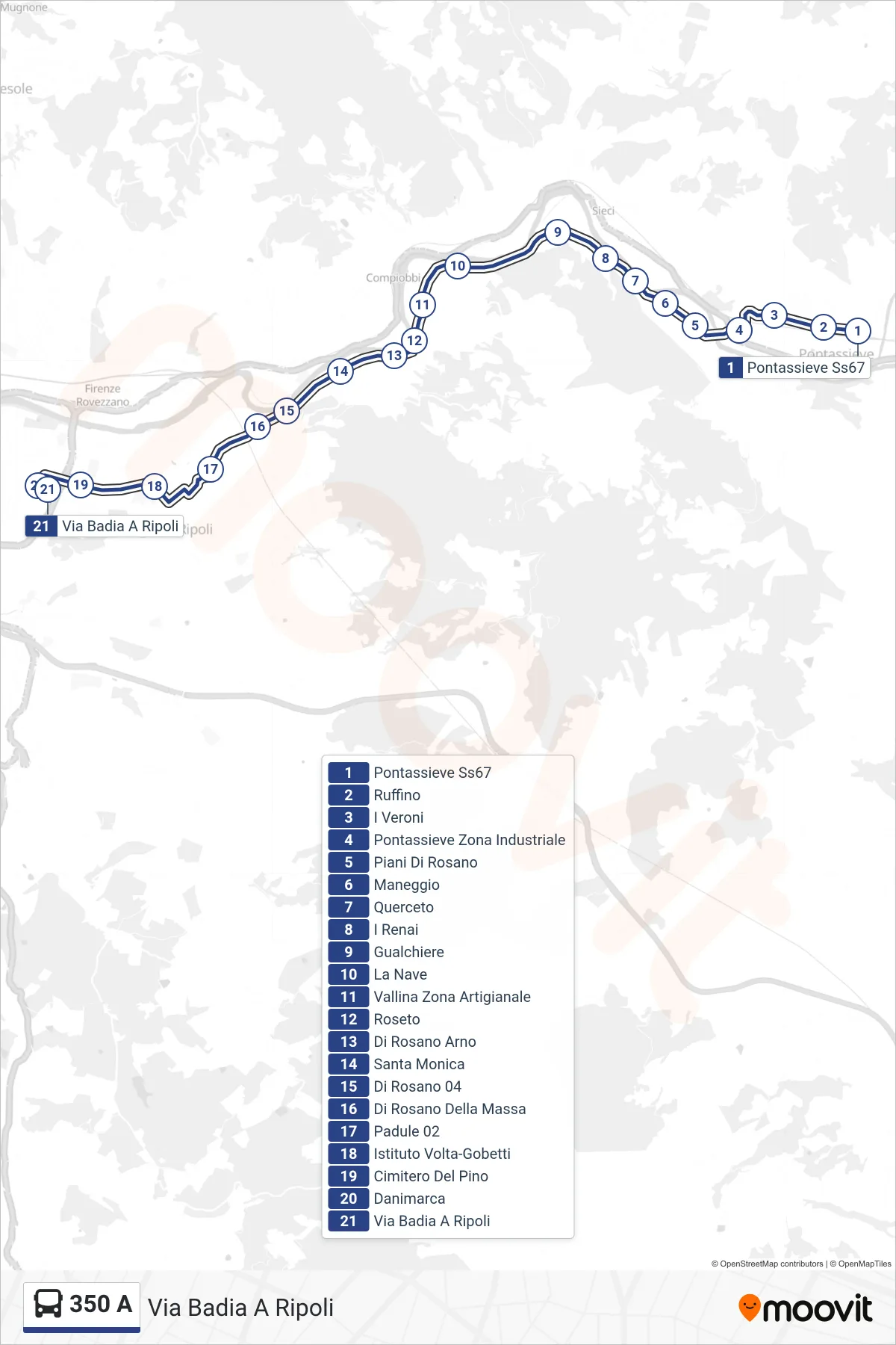 Linea 350 A  bus (Via Badia A Ripoli) - Percorsi e fermate sulla mappa