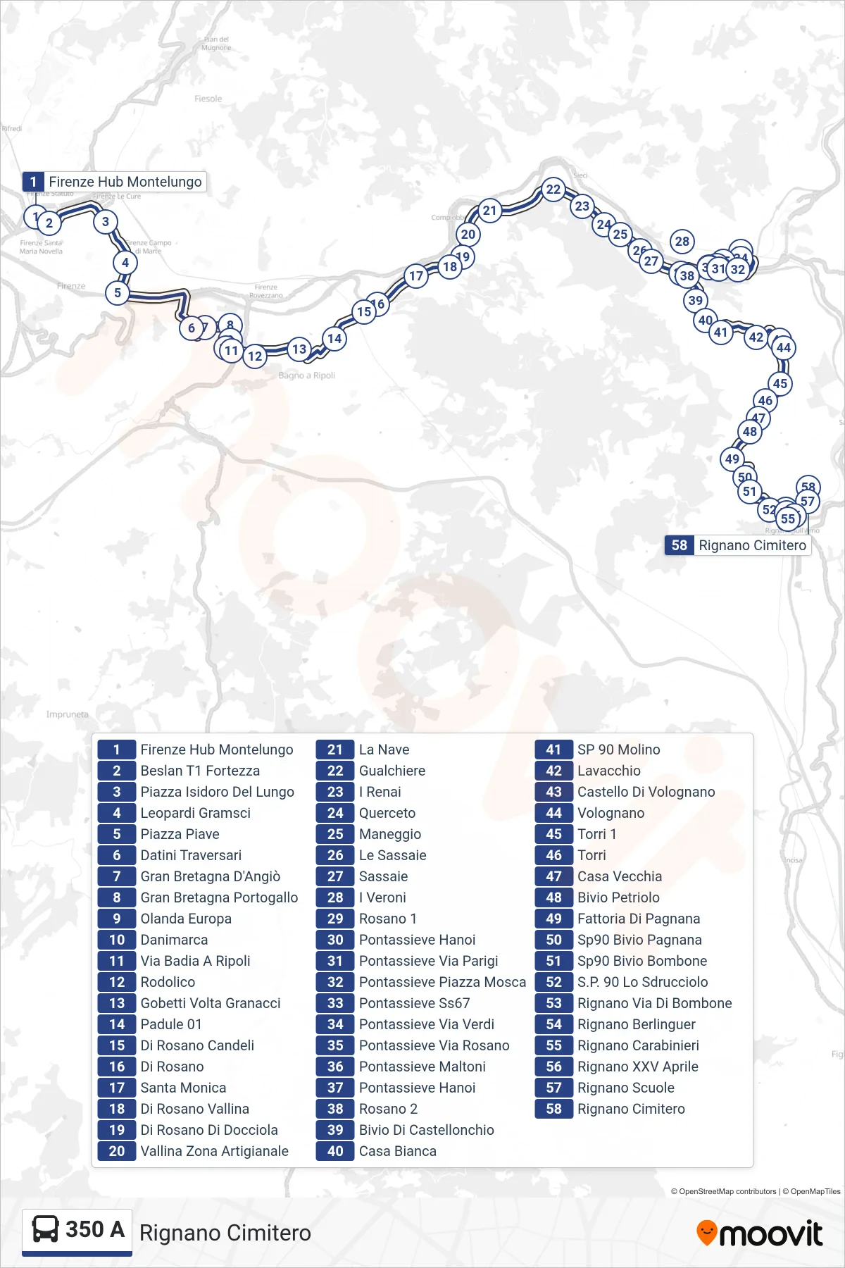 Linea 350 A bus (Rignano Cimitero) - Percorsi e fermate sulla mappa