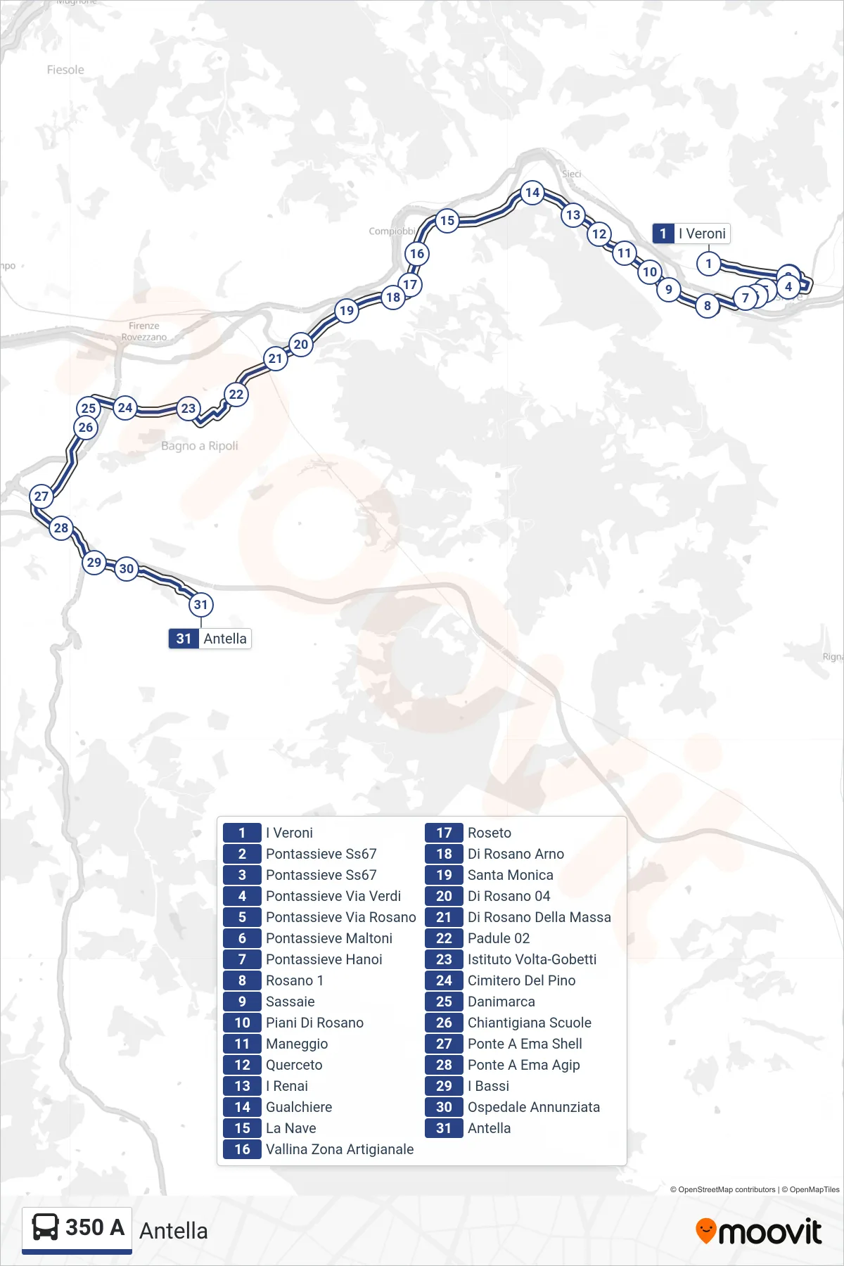 Linea 350 A bus (Antella) - Percorsi e fermate sulla mappa