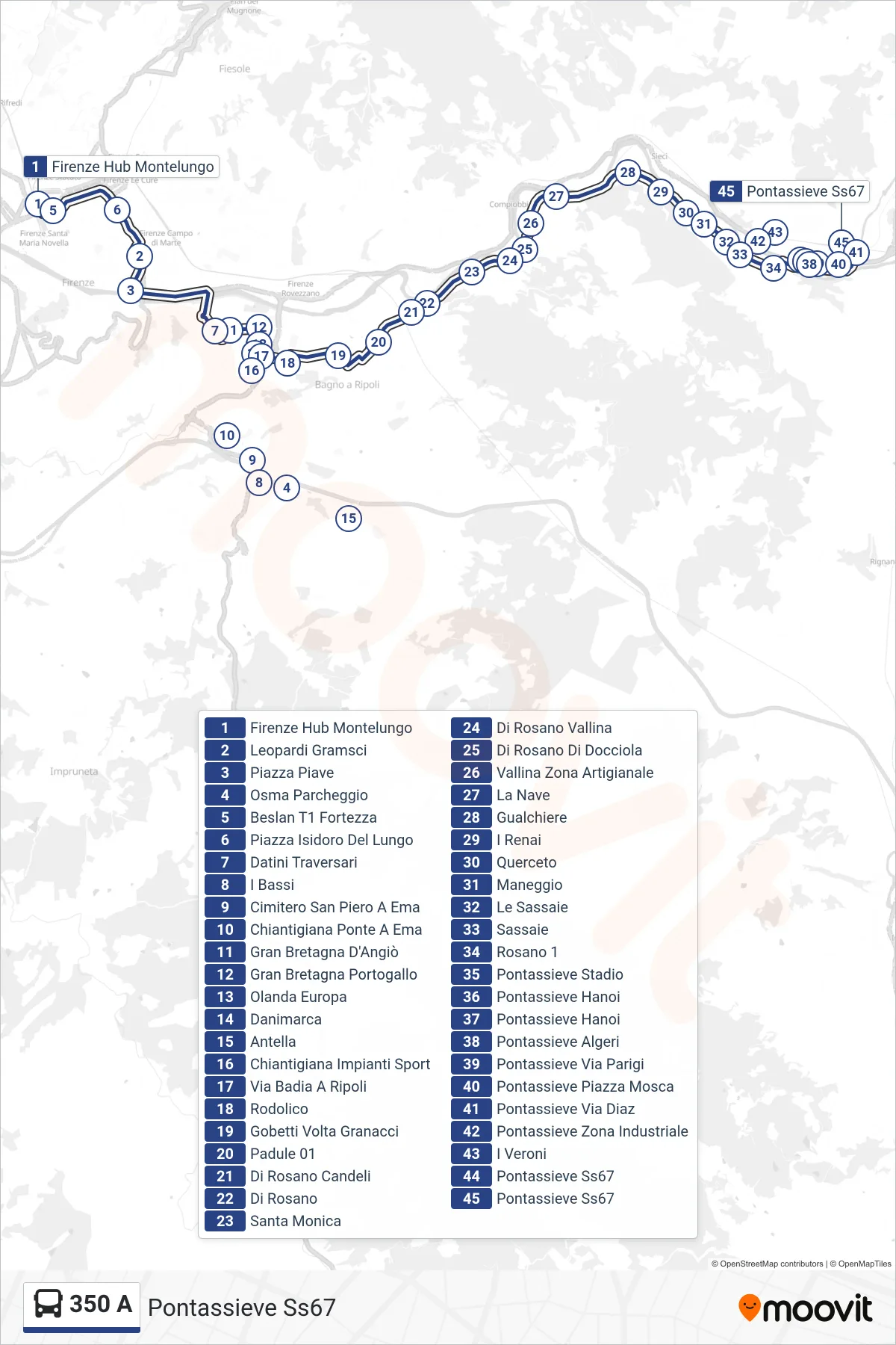 Linea 350 A  bus (Pontassieve Ss67) - Percorsi e fermate sulla mappa