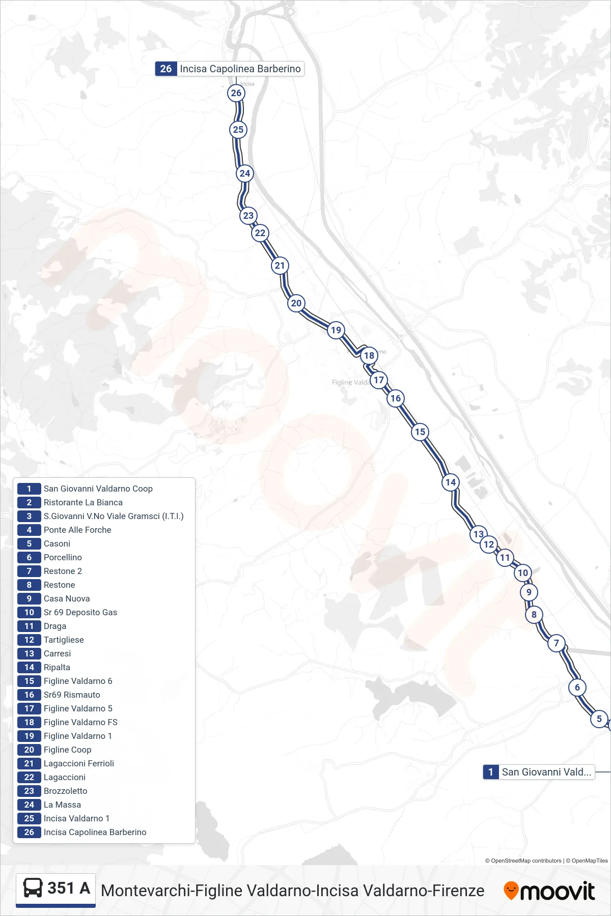 Linea 351 A bus (Incisa Capolinea Barberino) - Percorsi e fermate sulla mappa