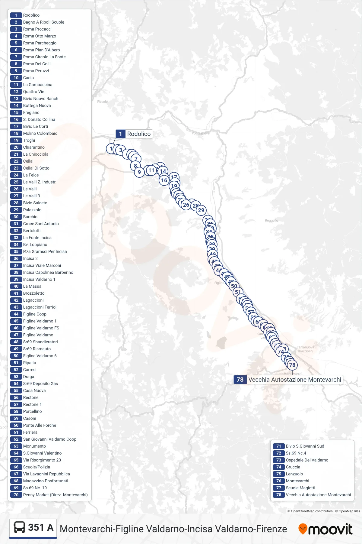 Linea 351 A  bus (Vecchia Autostazione Montevarchi) - Percorsi e fermate sulla mappa