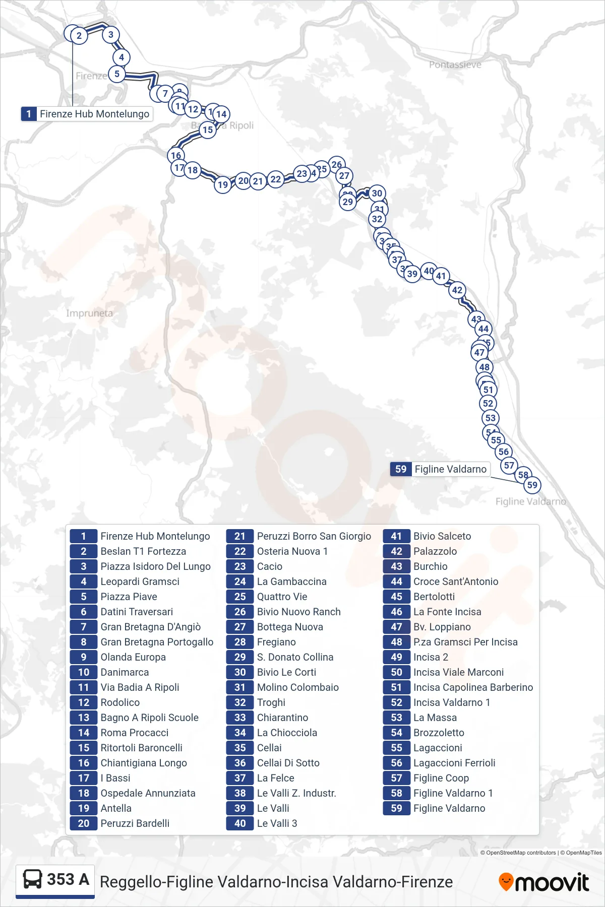 Linea 353 A  bus (Figline Valdarno) - Percorsi e fermate sulla mappa