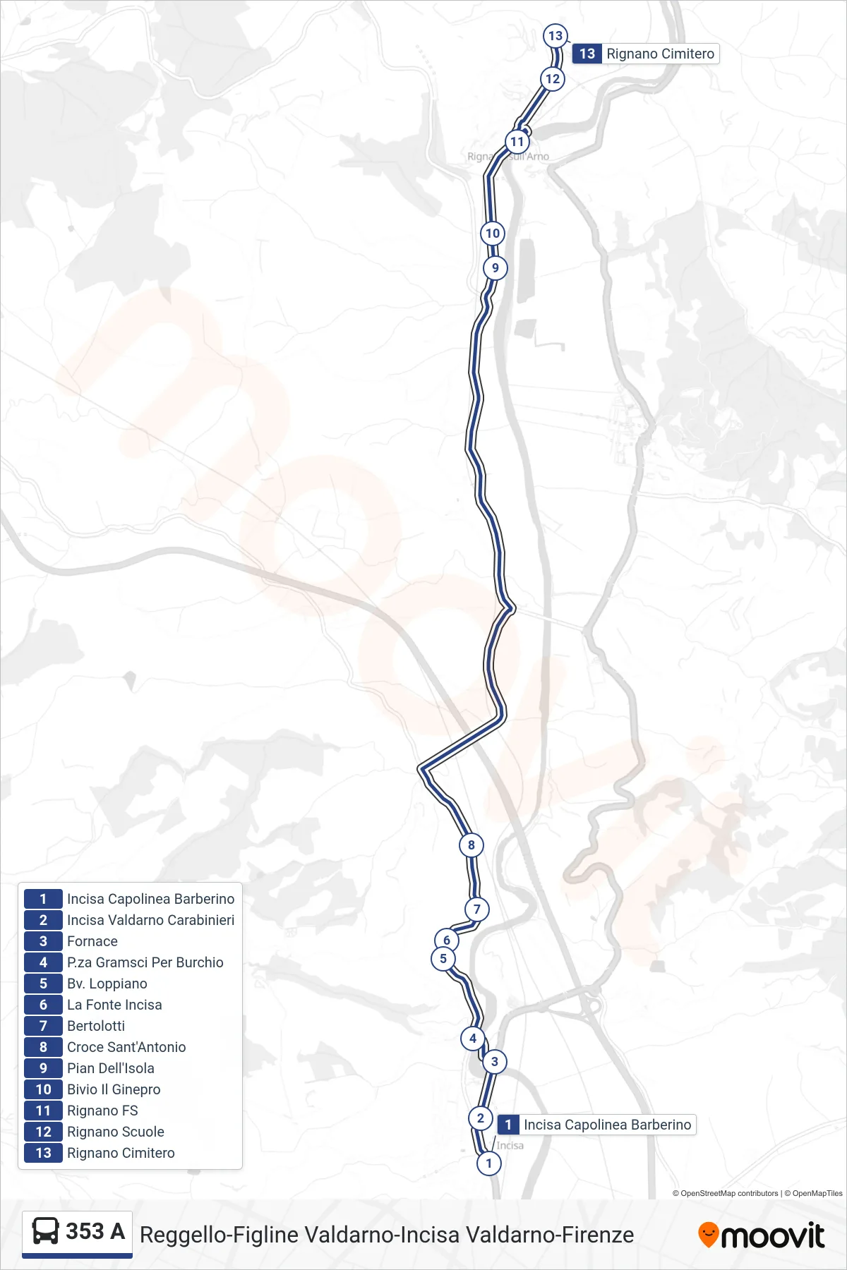 Linea 353 A  bus (Rignano Cimitero) - Percorsi e fermate sulla mappa