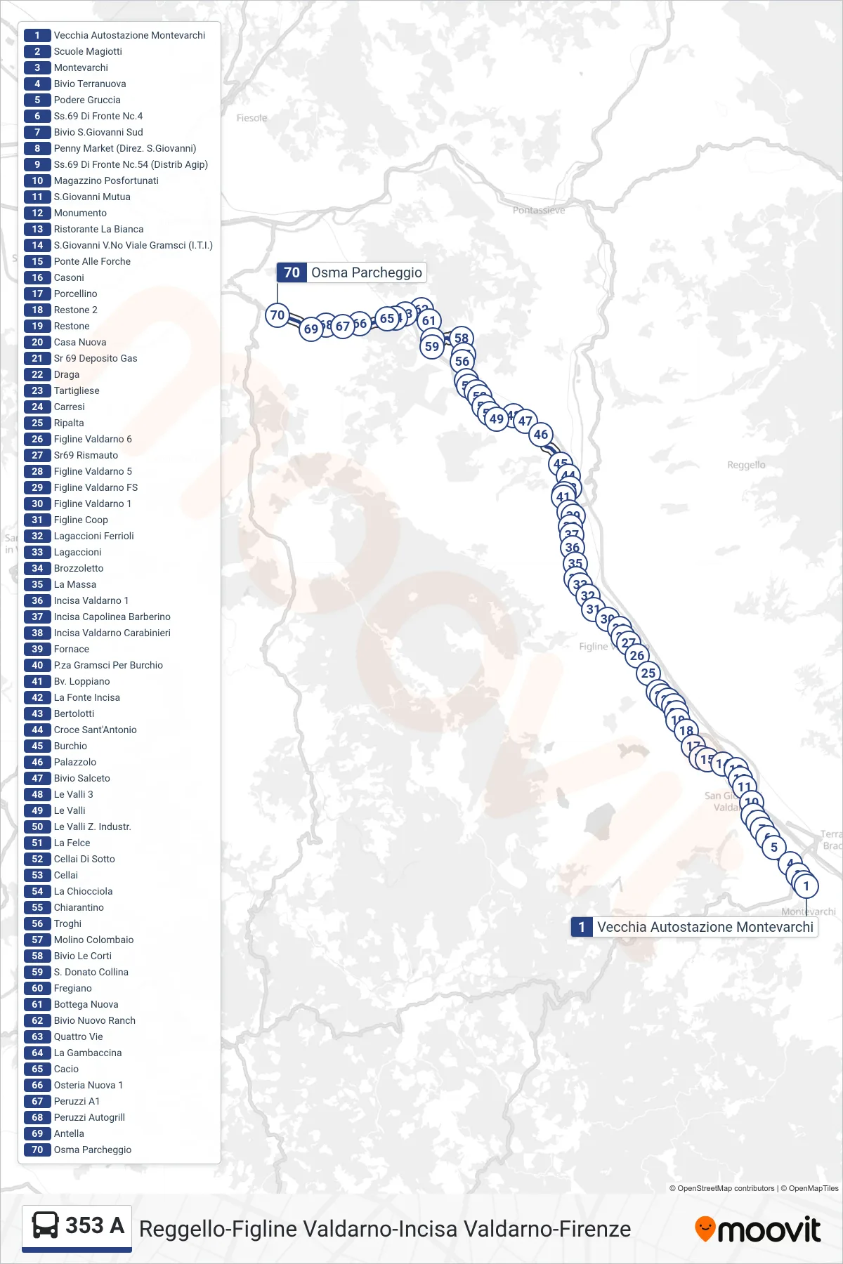 353 A bus Line (Annunziata Hospital) route and stops on a map
