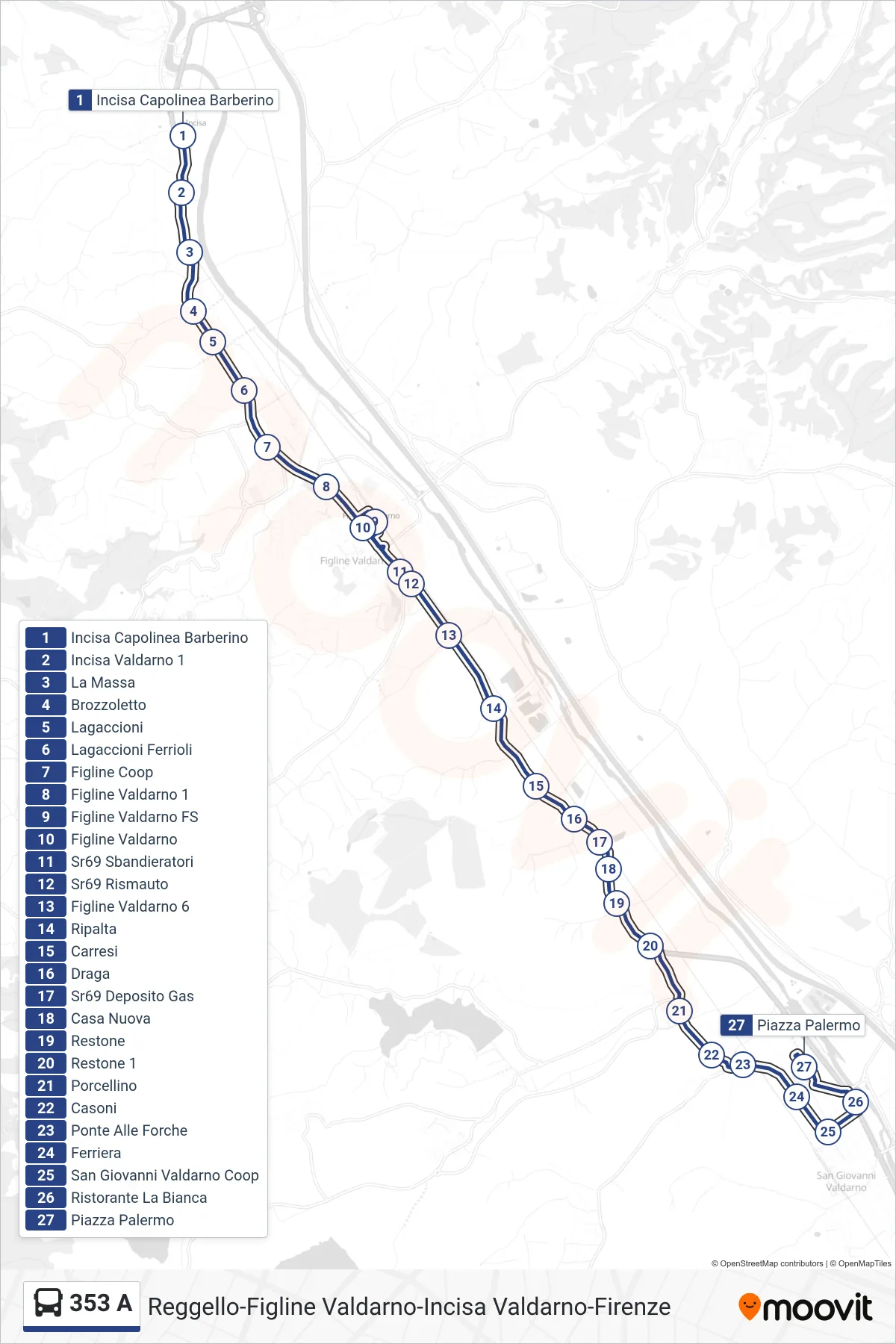 Linea 353 A  bus (Piazza Palermo) - Percorsi e fermate sulla mappa