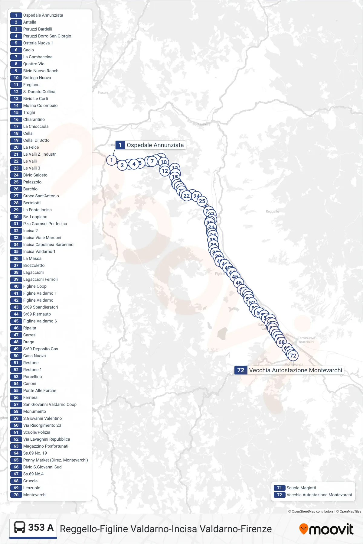 Linea 353 A bus (Vecchia Autostazione Montevarchi) - Percorsi e fermate sulla mappa