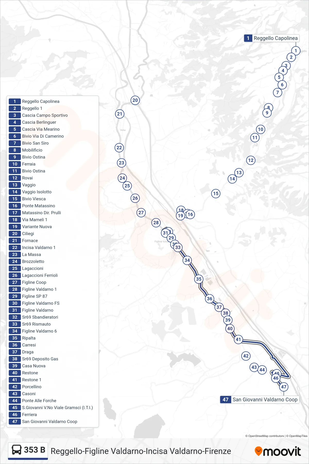Linea 353 B  bus (San Giovanni Valdarno Coop) - Percorsi e fermate sulla mappa