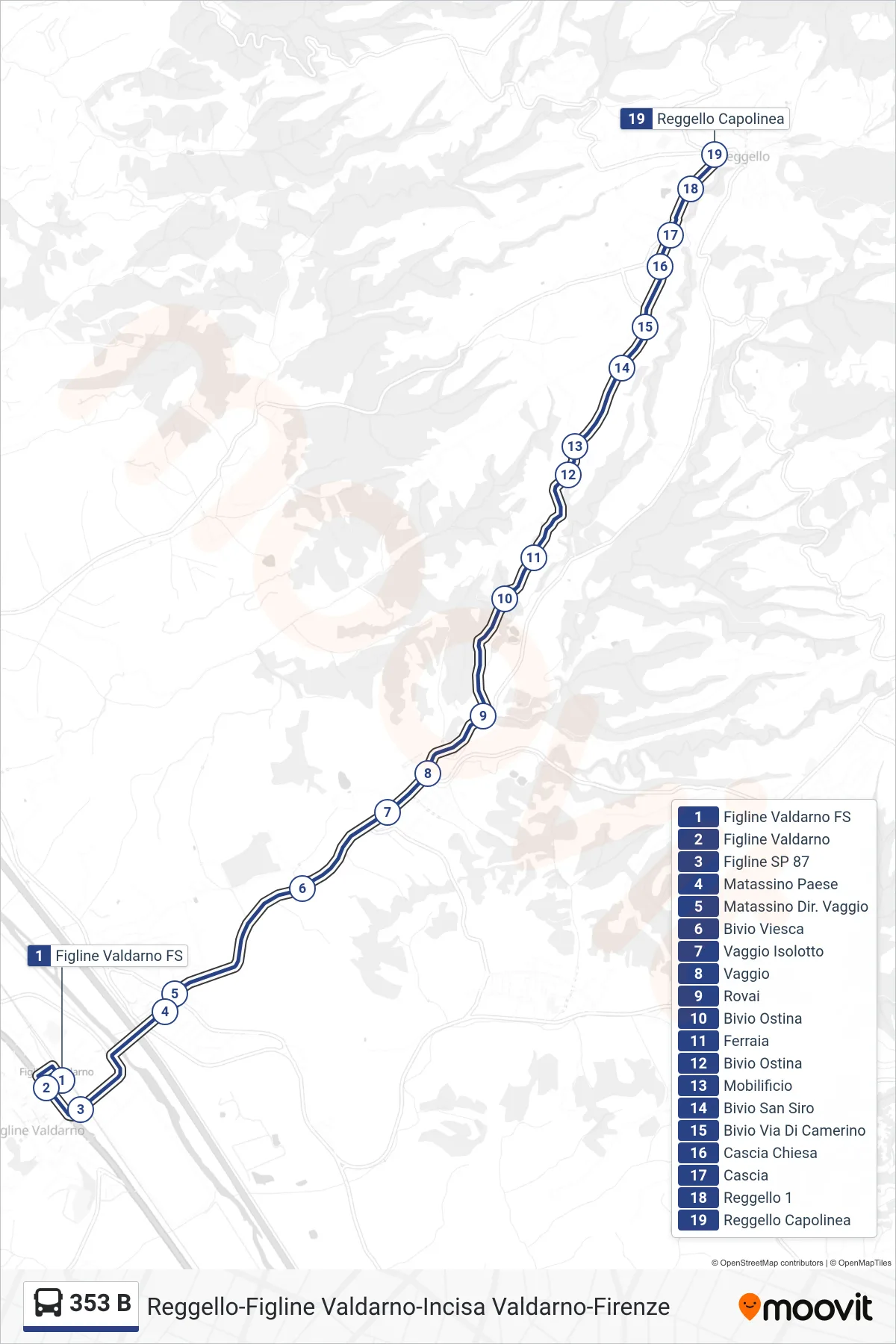 Linea 353 B  bus (Reggello Capolinea) - Percorsi e fermate sulla mappa