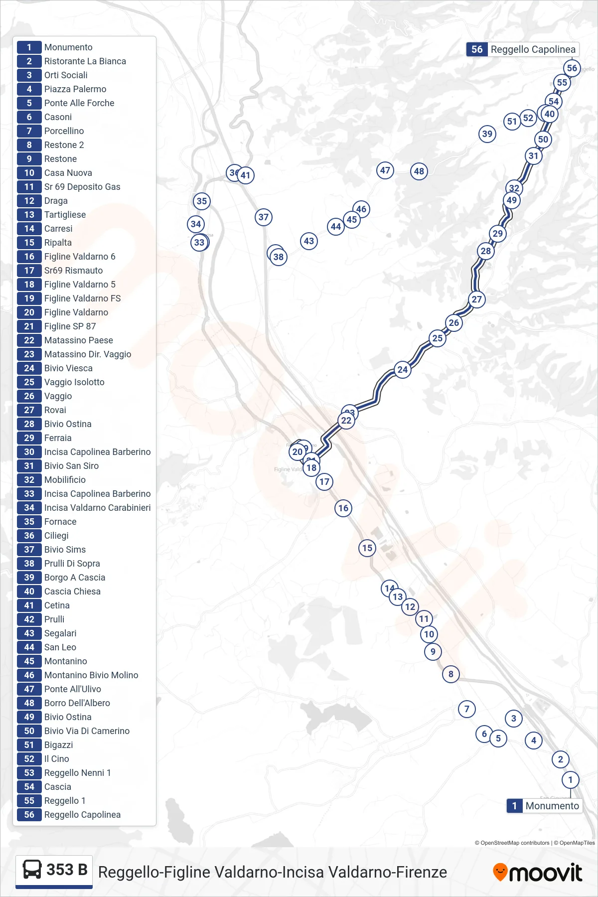 Linea 353 B bus (Reggello Capolinea) - Percorsi e fermate sulla mappa