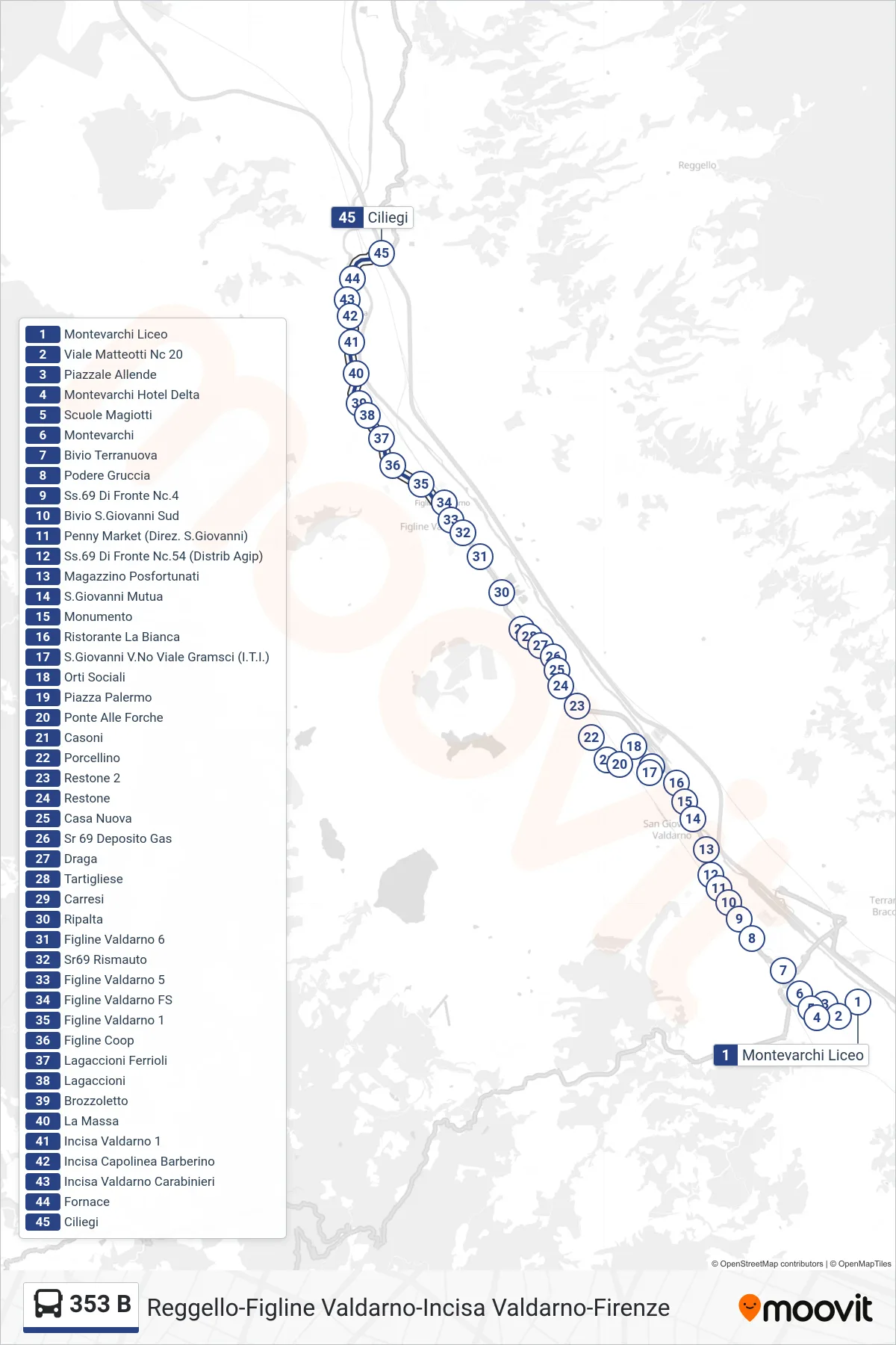 Linea 353 B bus (Ciliegi) - Percorsi e fermate sulla mappa