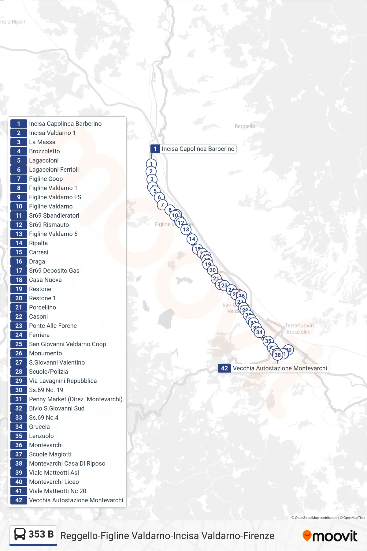 Linea 353 B  bus (Vecchia Autostazione Montevarchi) - Percorsi e fermate sulla mappa