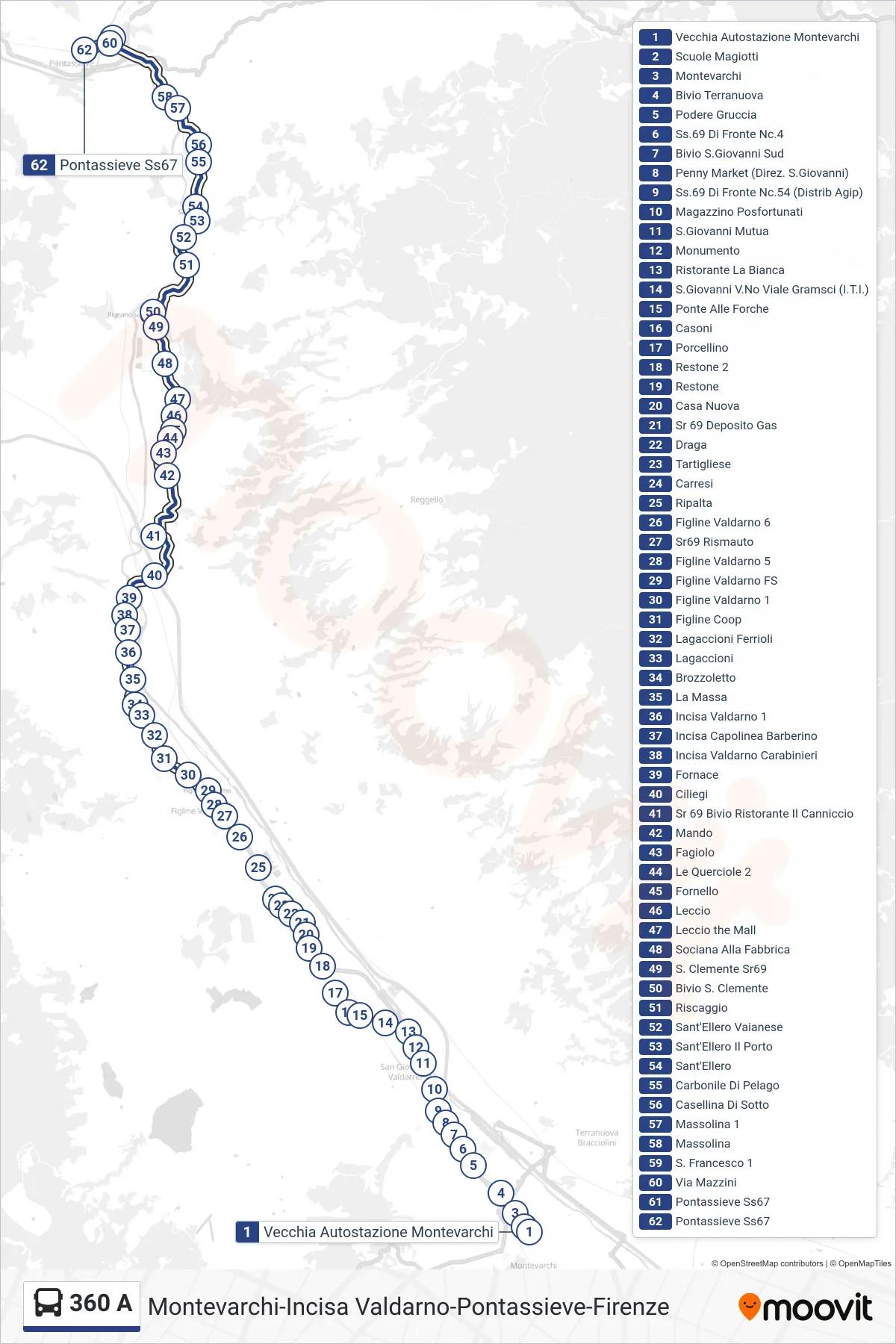 Linea 360 A bus (Pontassieve Ss67) - Percorsi e fermate sulla mappa