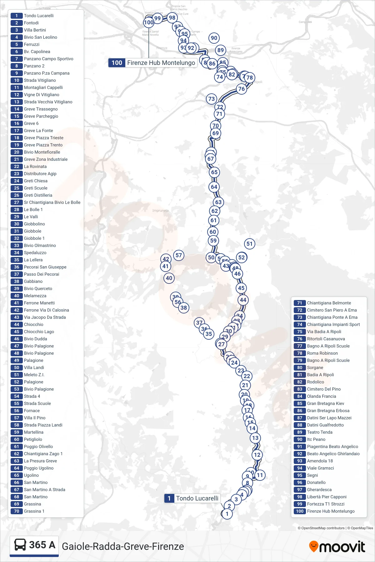 Linea 365 A bus (Firenze Hub Montelungo) - Percorsi e fermate sulla mappa