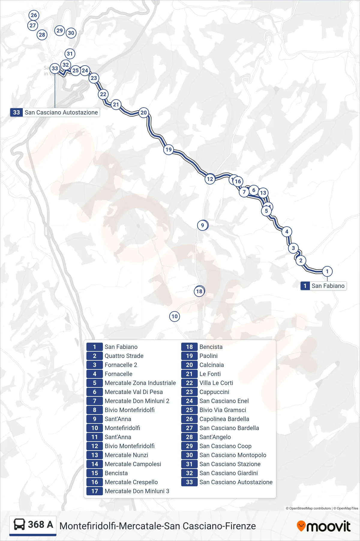 Linea 368 A bus (San Casciano Autostazione) - Percorsi e fermate sulla mappa