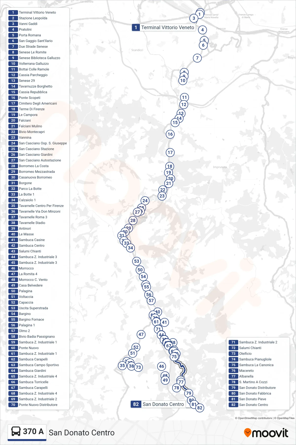 Linea 370 A bus (San Donato Centro) - Percorsi e fermate sulla mappa