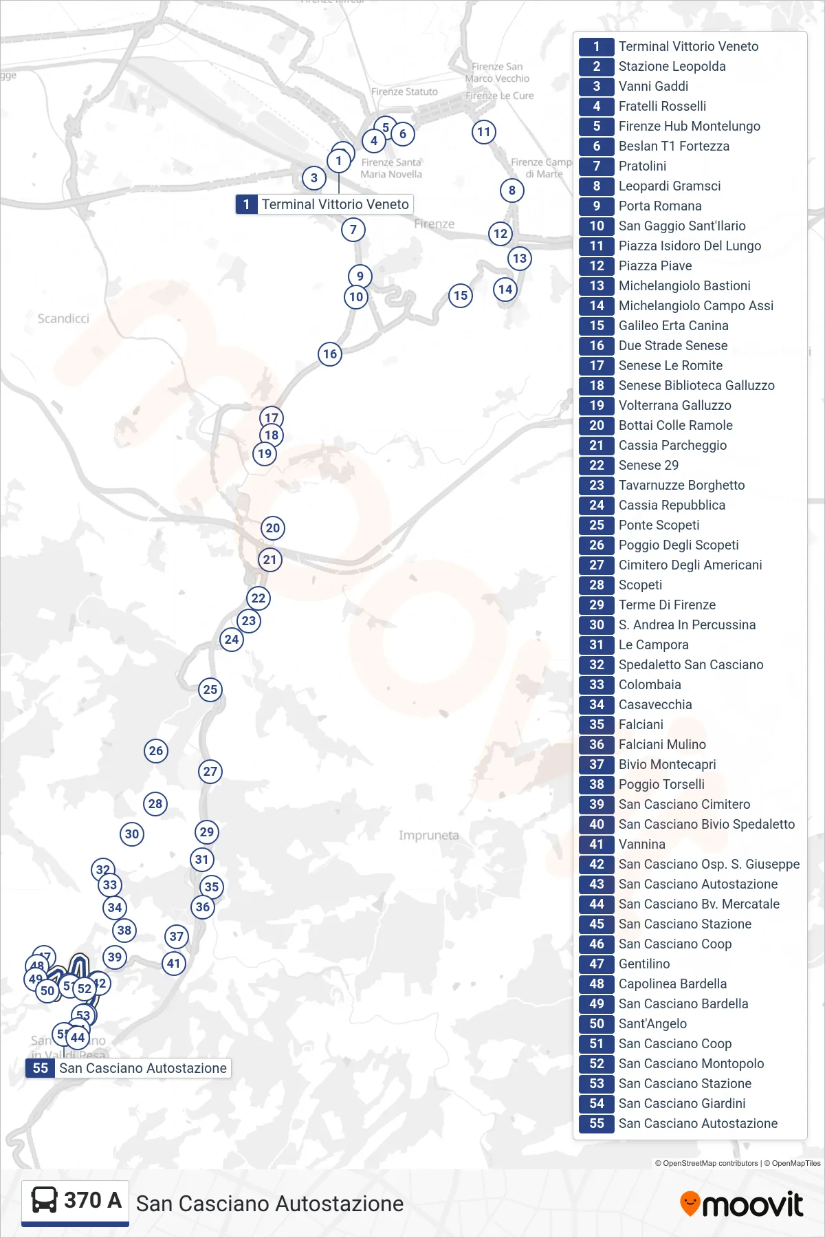 Linea 370 A  bus (San Casciano Autostazione) - Percorsi e fermate sulla mappa