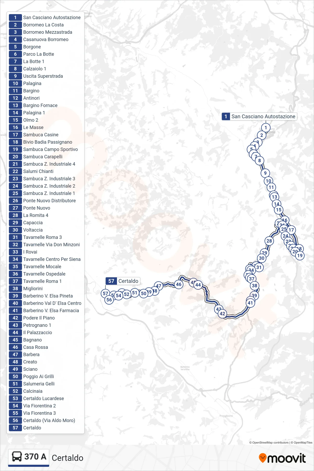 Linea 370 A  bus (Certaldo) - Percorsi e fermate sulla mappa