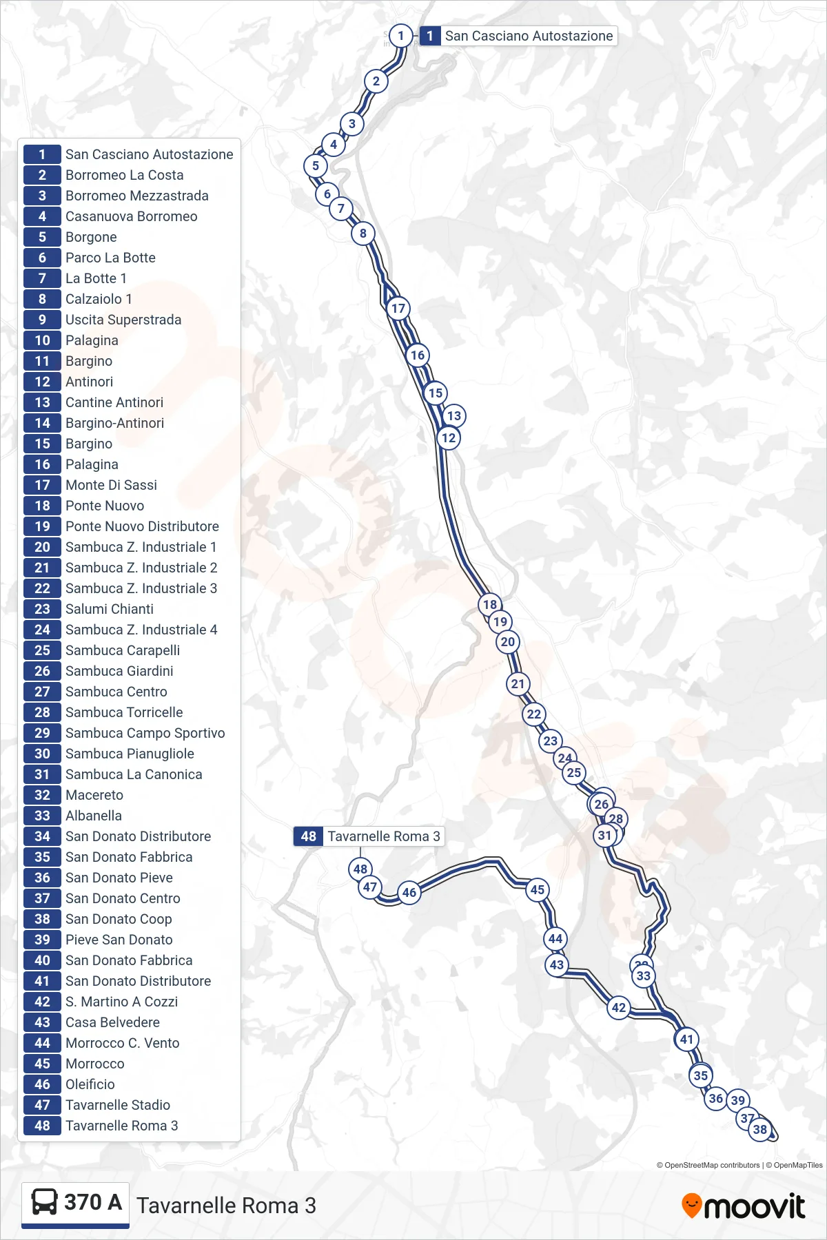 Linea 370 A bus (Tavarnelle Roma 3) - Percorsi e fermate sulla mappa