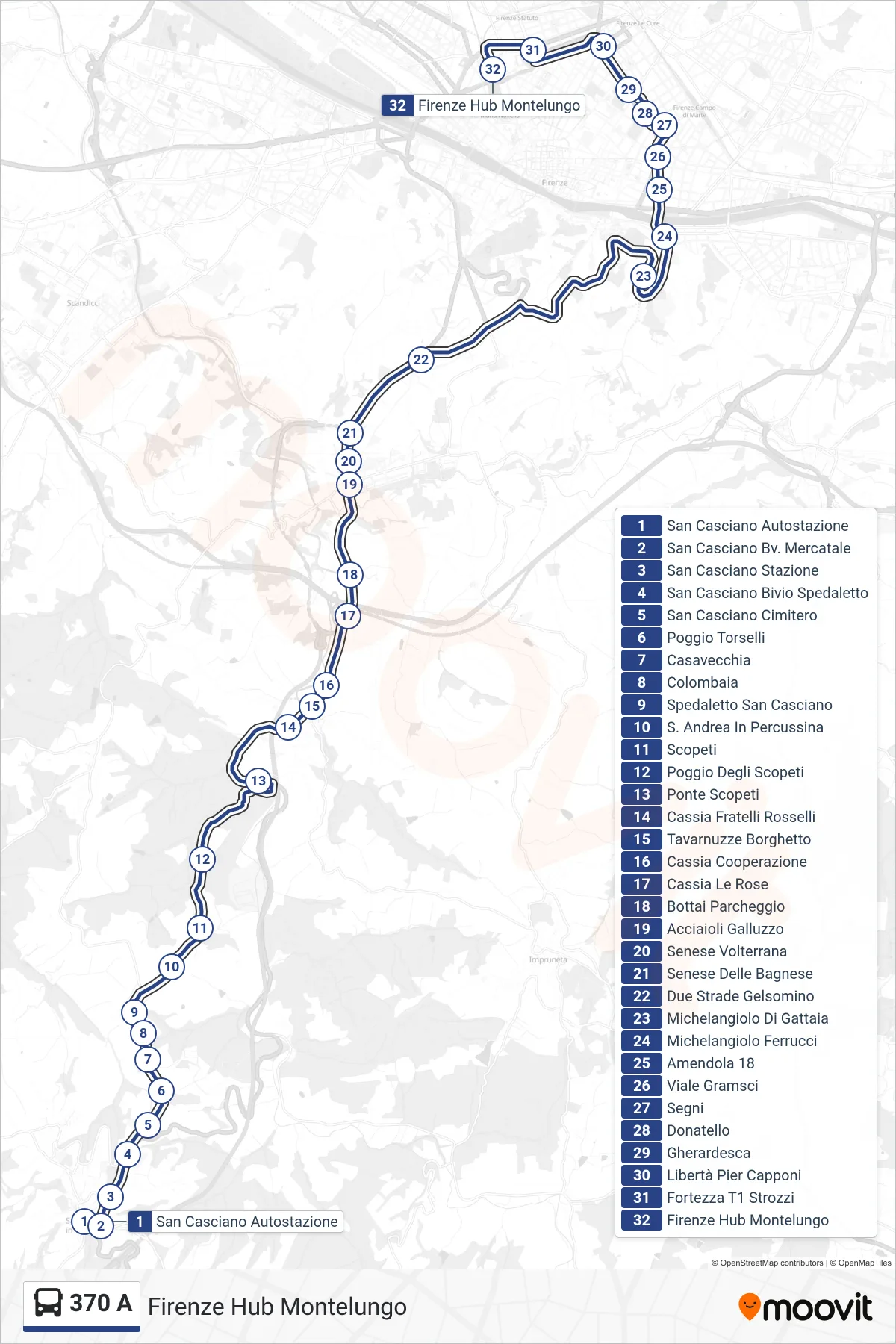 Linea 370 A bus (Firenze Hub Montelungo) - Percorsi e fermate sulla mappa