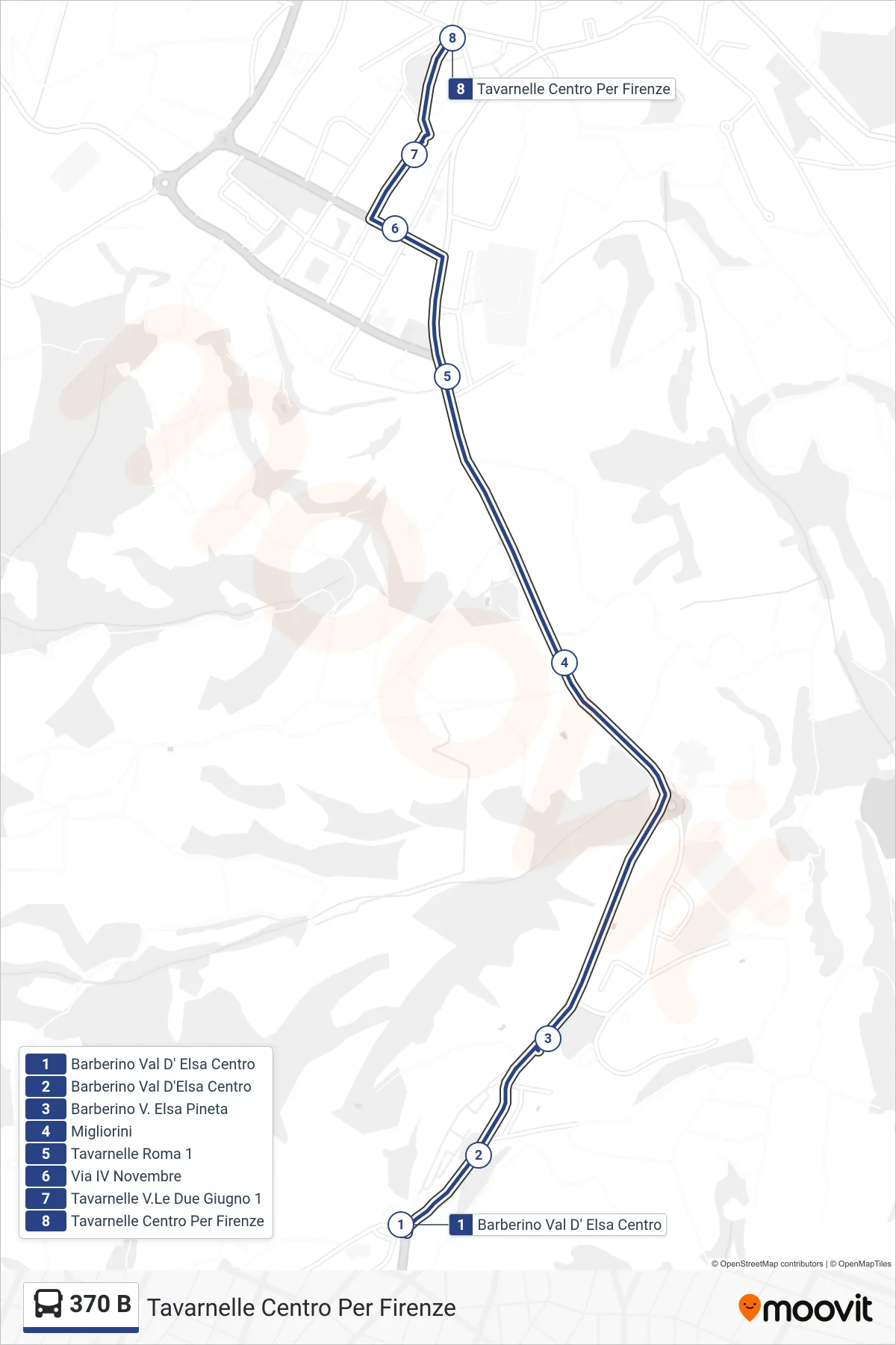 Linea 370 B  bus (Tavarnelle Centro Per Firenze) - Percorsi e fermate sulla mappa
