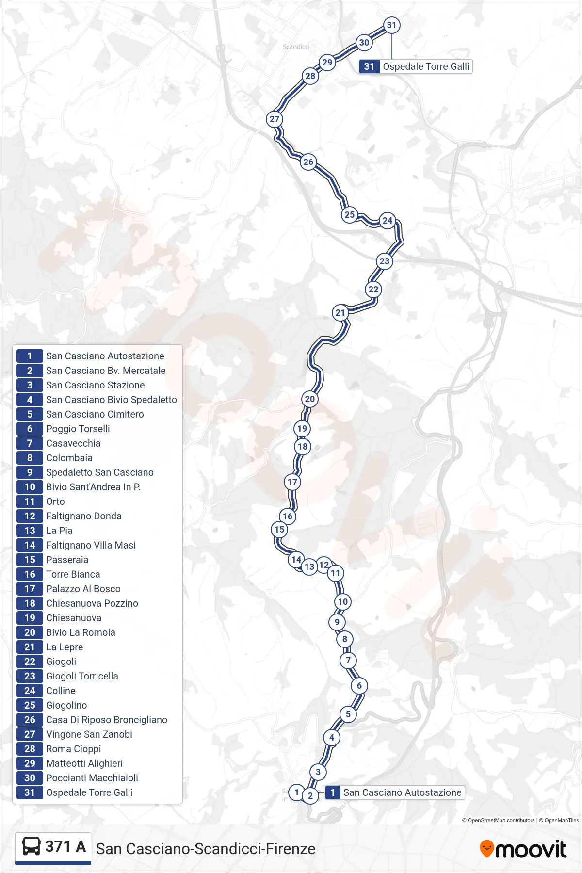 Linea 371 A bus (Ospedale Torre Galli) - Percorsi e fermate sulla mappa