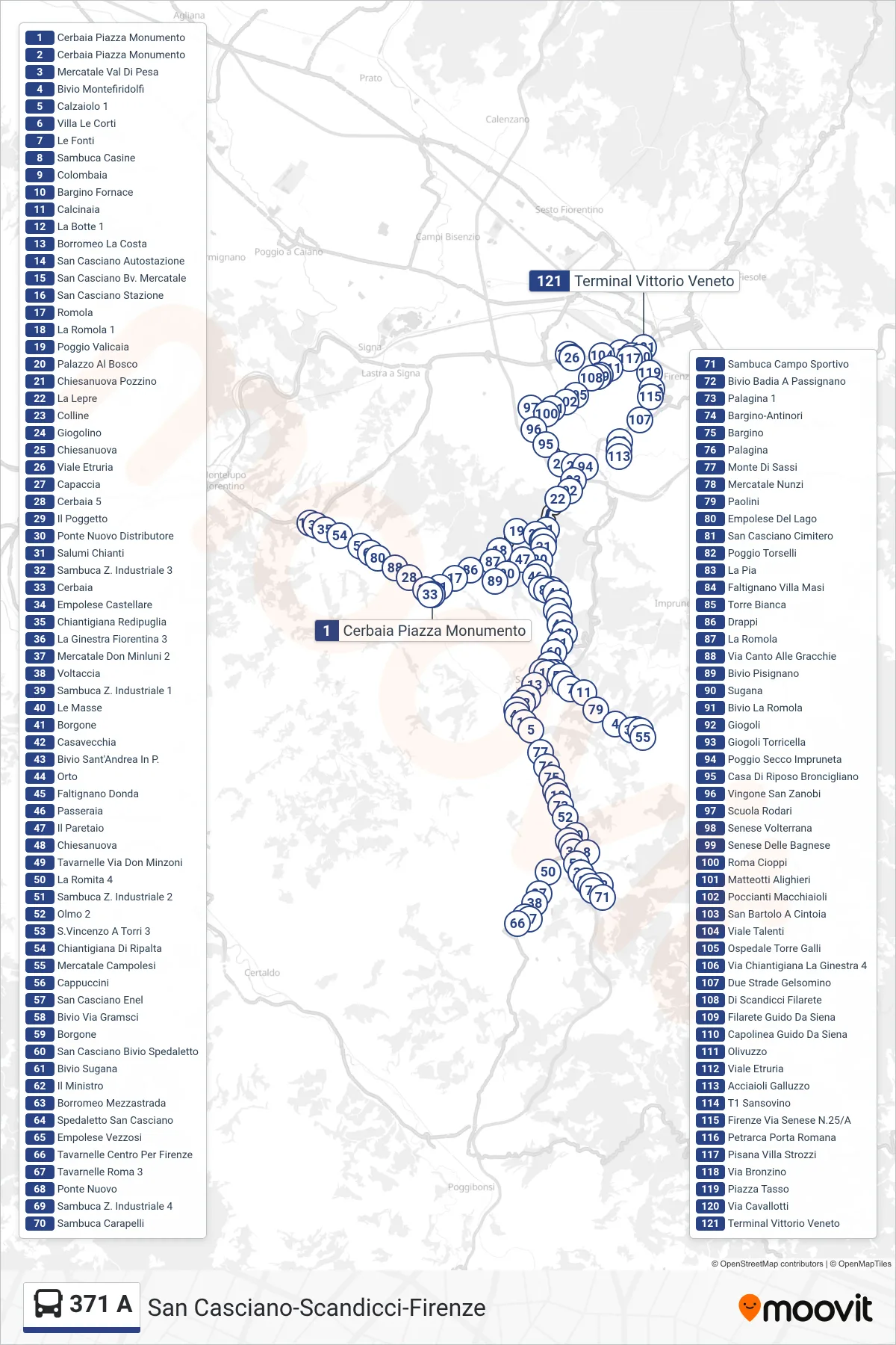 Linea 371 A bus (Terminal Vittorio Veneto) - Percorsi e fermate sulla mappa