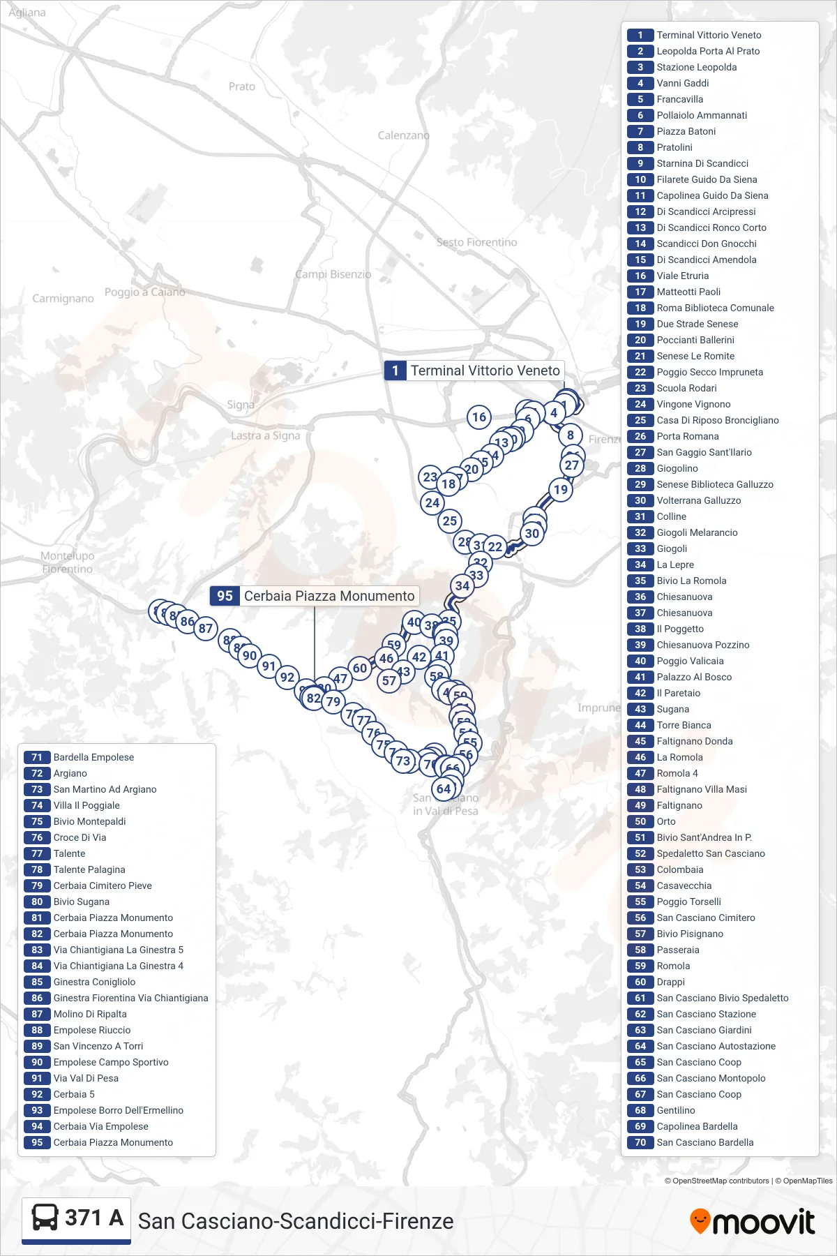 Linea 371 A bus (Cerbaia Piazza Monumento) - Percorsi e fermate sulla mappa