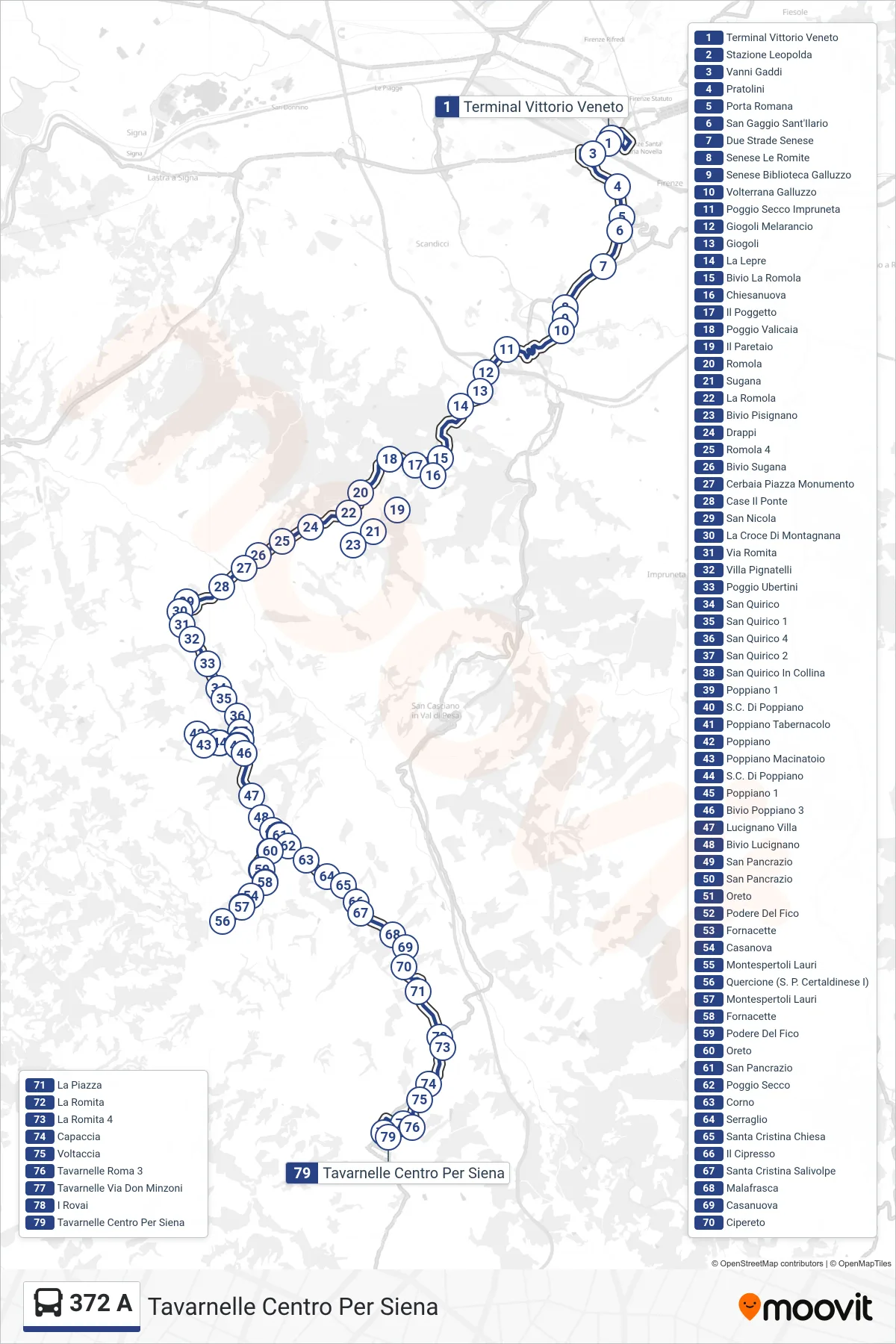 Linea 372 A bus (Tavarnelle Centro Per Siena) - Percorsi e fermate sulla mappa