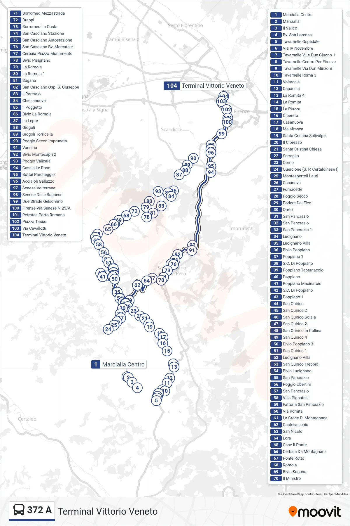 Linea 372 A bus (Terminal Vittorio Veneto) - Percorsi e fermate sulla mappa