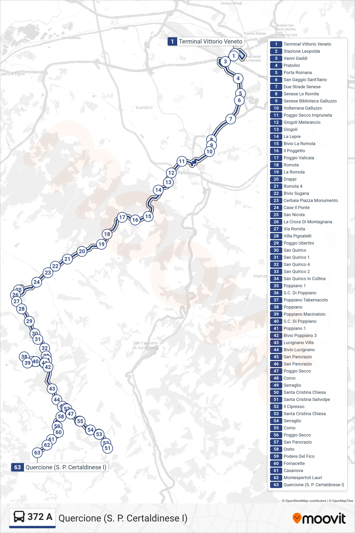 Linea 372 A bus (Quercione (S. P. Certaldinese I)) - Percorsi e fermate sulla mappa