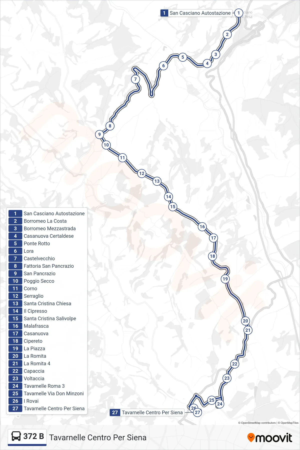 Linea 372 B bus (Tavarnelle Centro Per Siena) - Percorsi e fermate sulla mappa