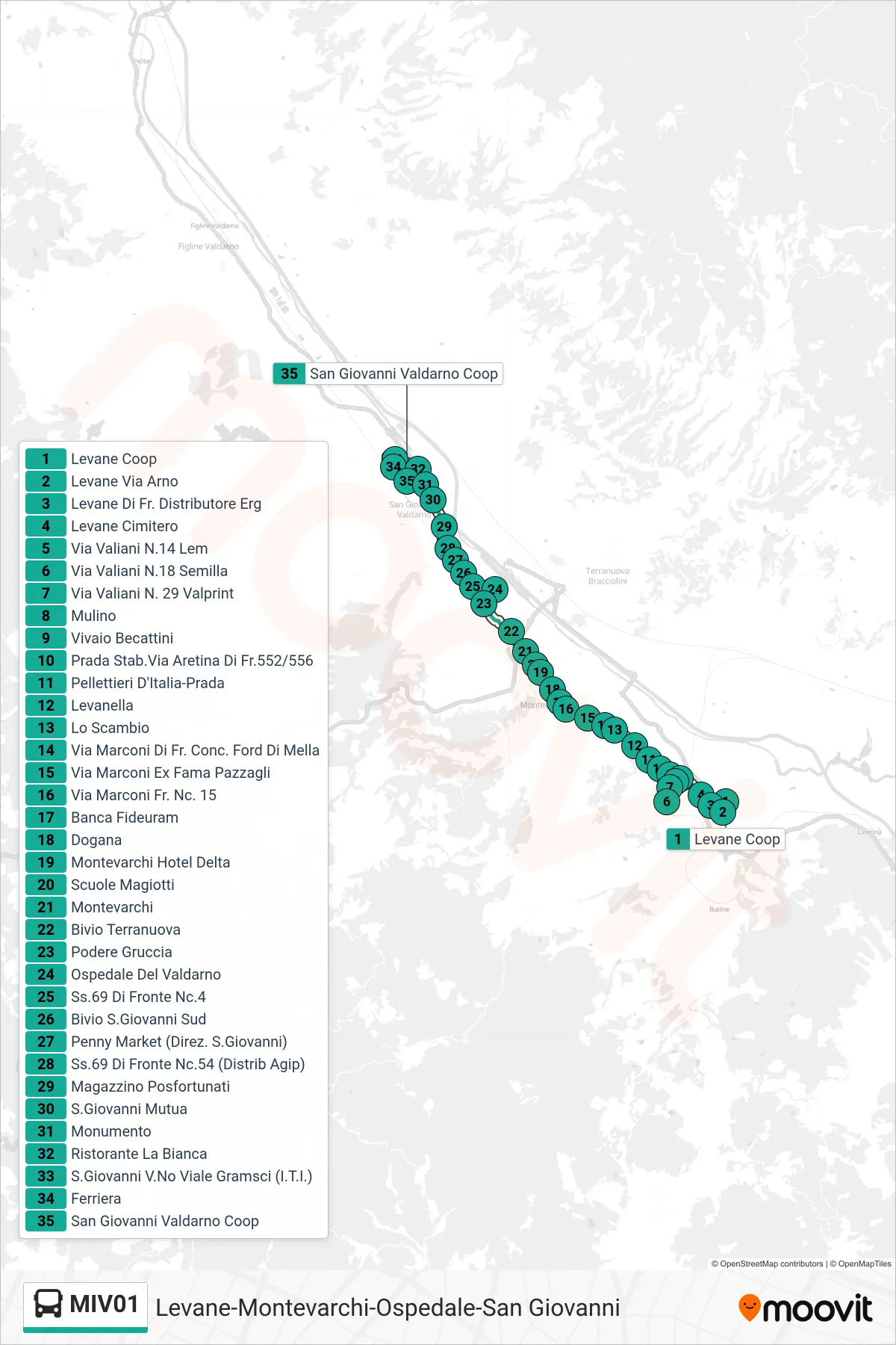 Linea MIV01  bus (San Giovanni Valdarno Coop) - Percorsi e fermate sulla mappa
