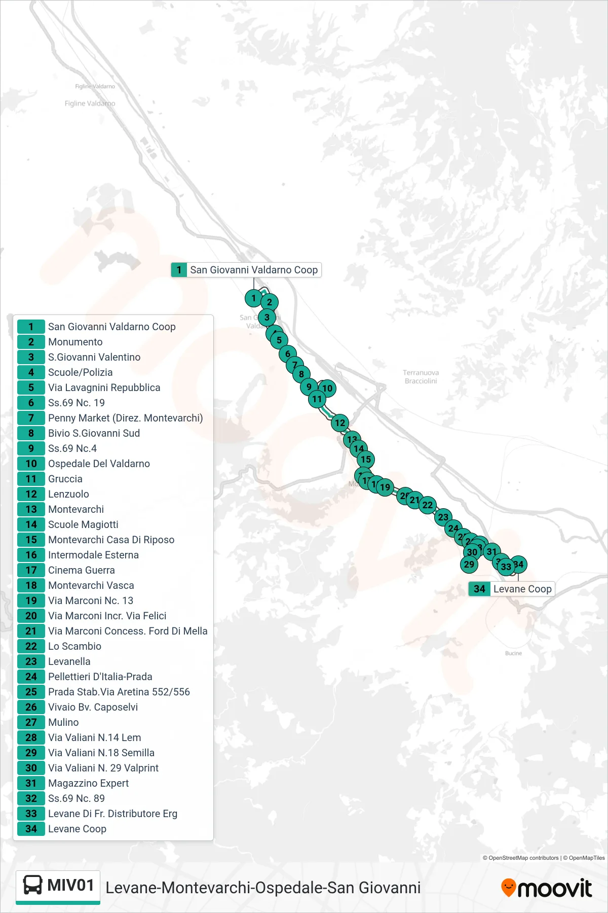 Linea MIV01 bus (Levane Coop) - Percorsi e fermate sulla mappa