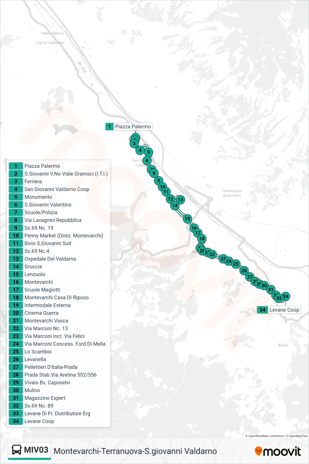 Linea MIV03  bus (Levane Coop) - Percorsi e fermate sulla mappa