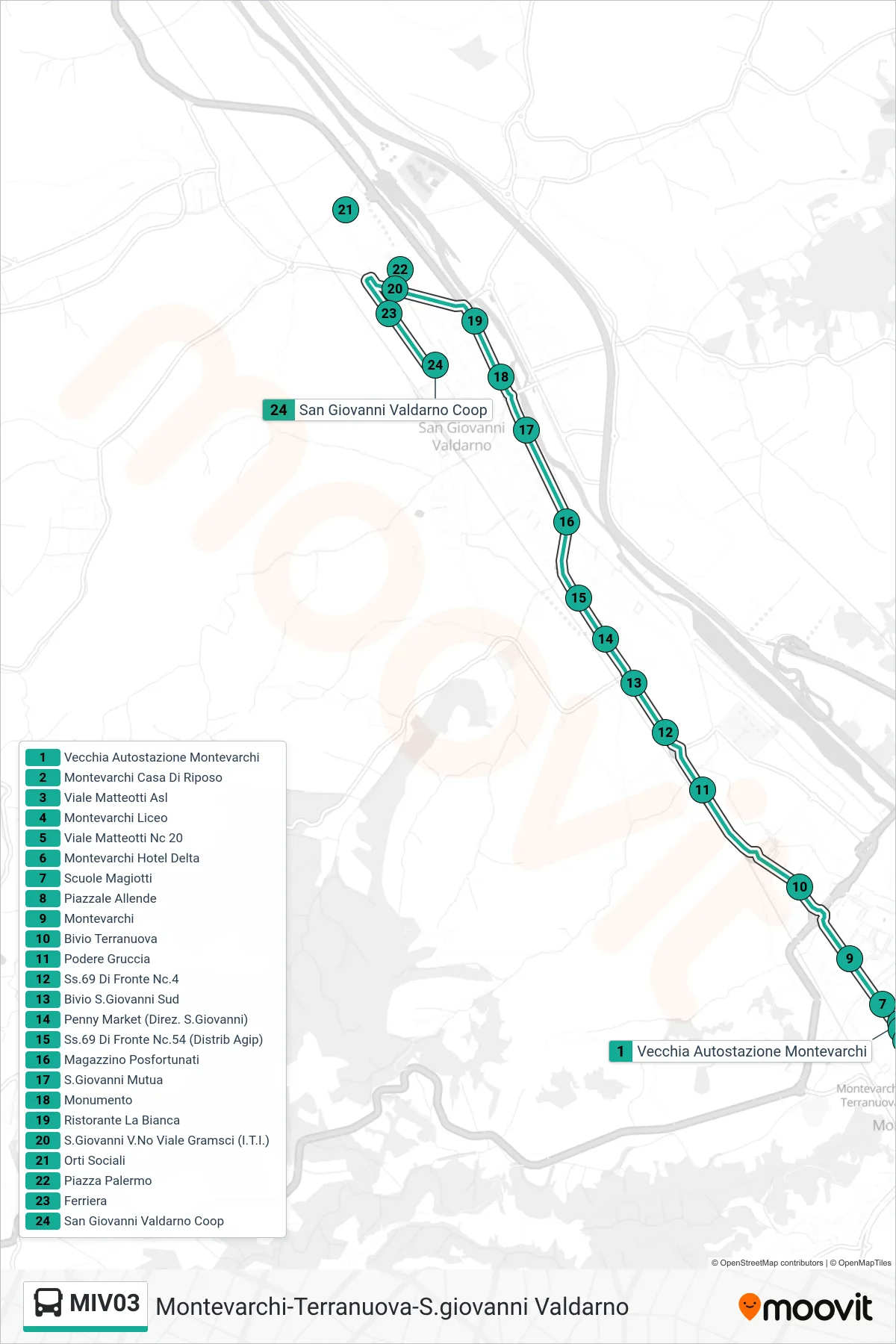 Linea MIV03 bus (San Giovanni Valdarno Coop) - Percorsi e fermate sulla mappa